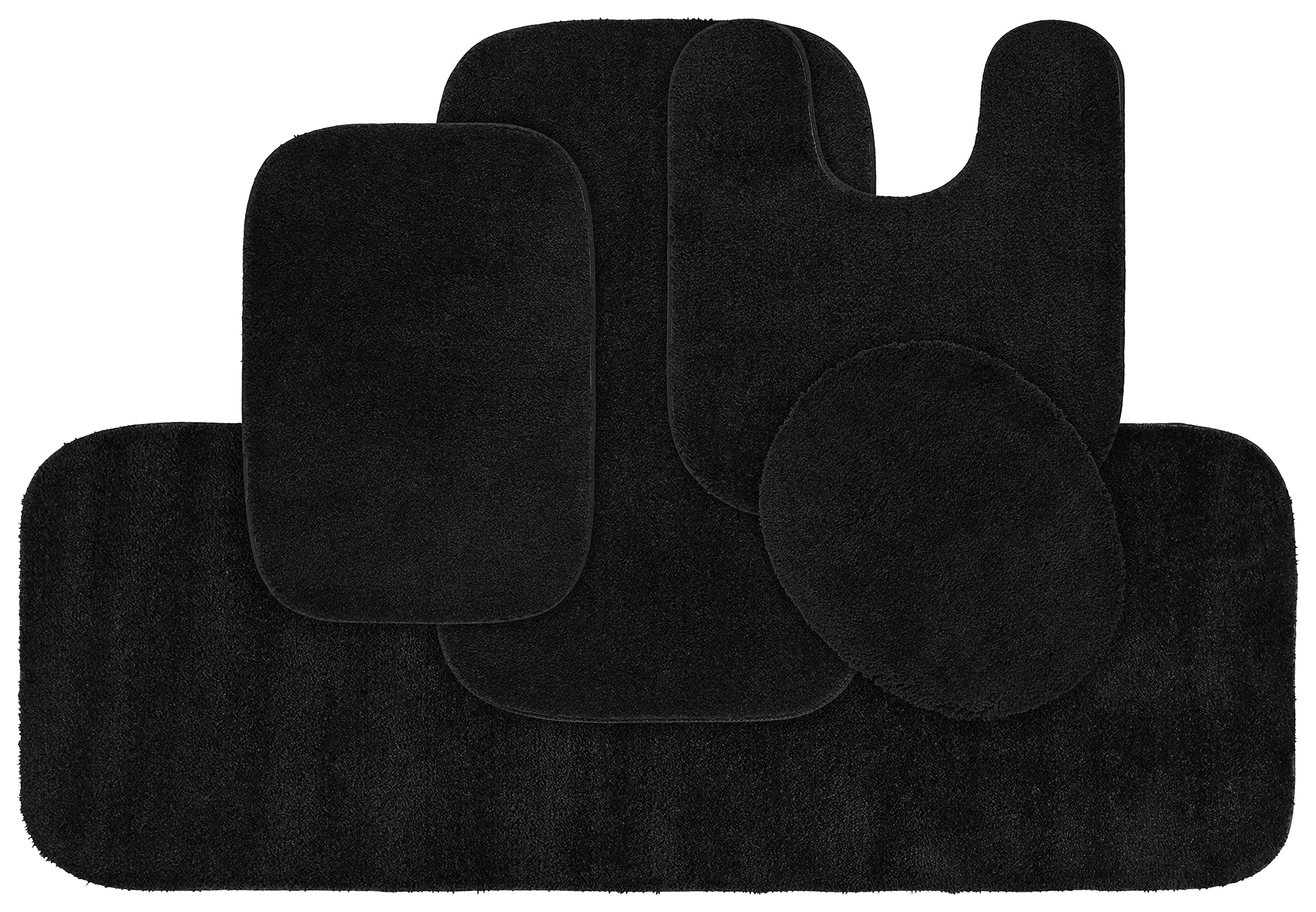 Garland Rug Traditional Nylon Washable Black 5-Piece Bathroom Rug Set - Soft, Absorbent & Stylish Non-Slip Mats for Bath, Shower & Vanity Areas