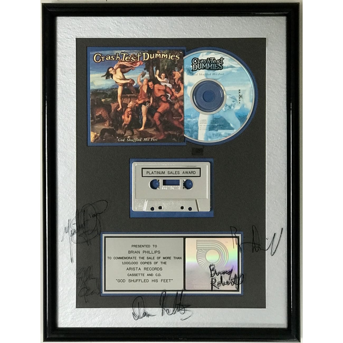 Crash Test Dummies God Shuffled His Feet RIAA Platinum Album Award - Signed by Band Members - Rare Collectible Music Memorabilia - Perfect for Music Fans & Record Collectors