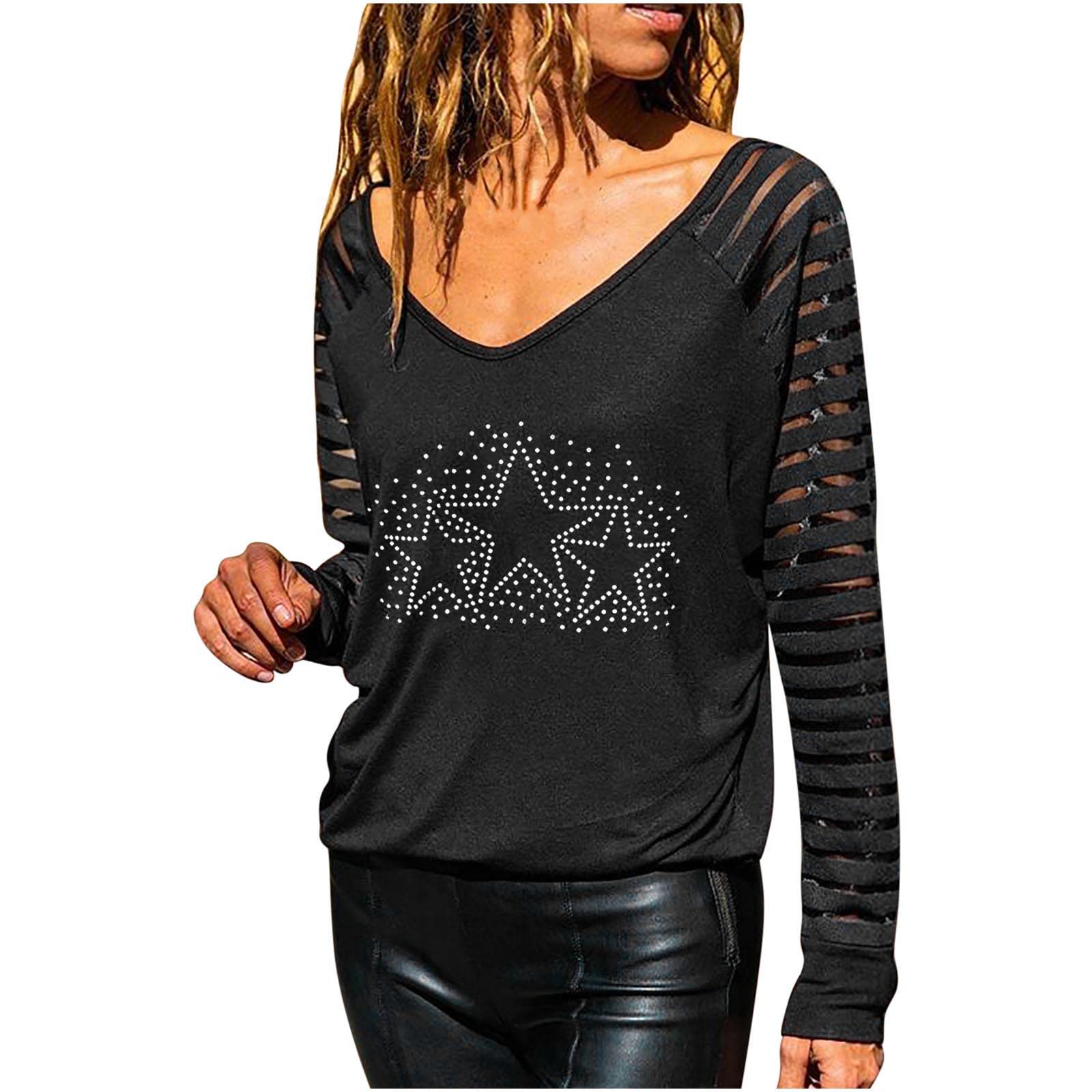 DII Women's Long Sleeve Graphic T-Shirt with Rhinestone Butterfly Design - Fashion V-Neck Loose Blouse for Casual Wear, Date Night & Party Outfits