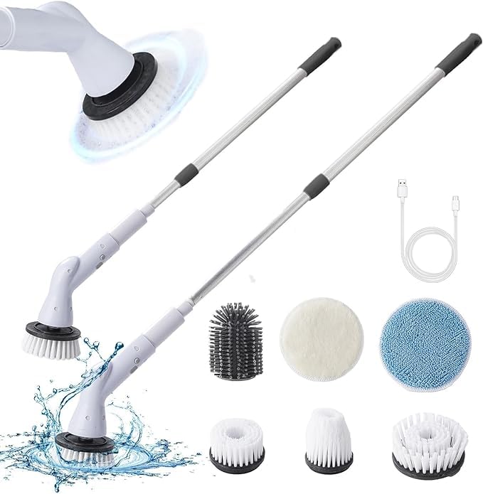 MIANHT Electric Spin Scrubber with 5 Replaceable Brush Heads & Adjustable Extension Handle - Power Cleaning Brush for Bathroom, Floor, Tile - Perfect for Deep Cleaning Showers, Bathtubs, and Hard-to-Reach Areas