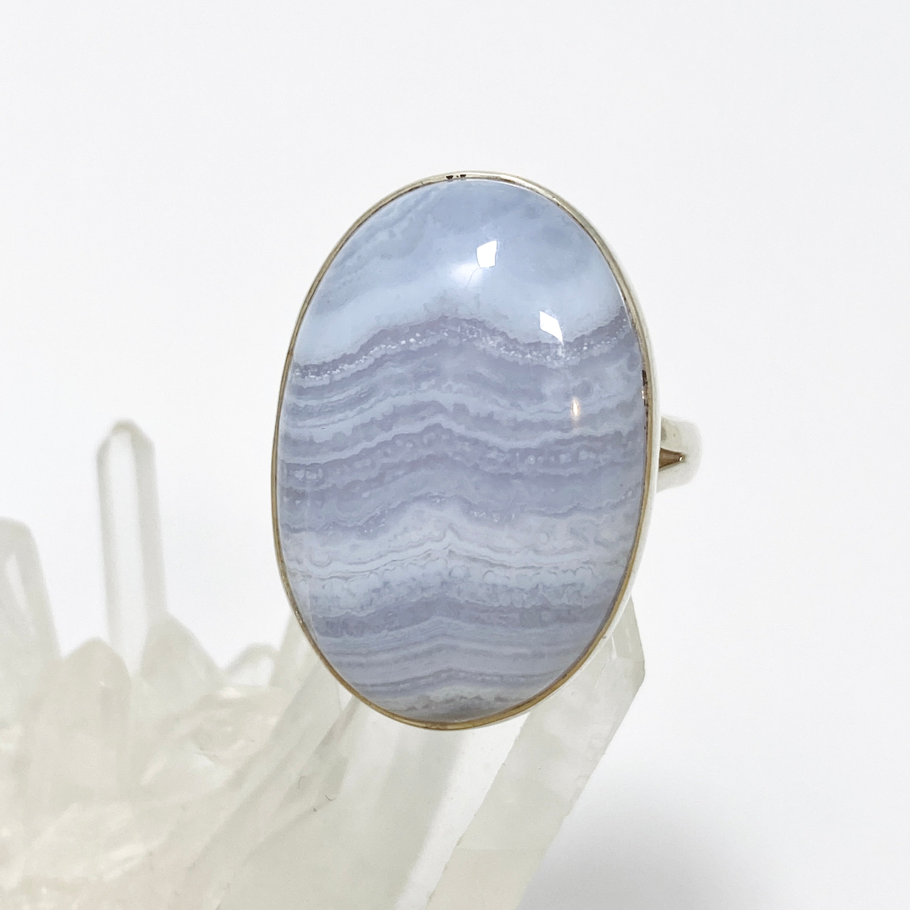 Blue Lace Agate Oval Cabochon Ring - Size 9 - Sterling Silver Handmade Jewelry - KRGJ3376 - Perfect for Boho Fashion, Wedding & Gift Giving