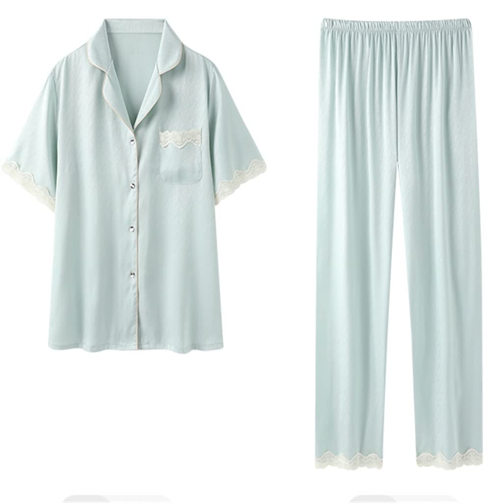Premium Ice Silk Pajama Set for Women - Summer Short Sleeve & Pants Comfy Loungewear (Blue, XXL) | Perfect for Home Relaxation, Sleepwear & Vacation Comfort