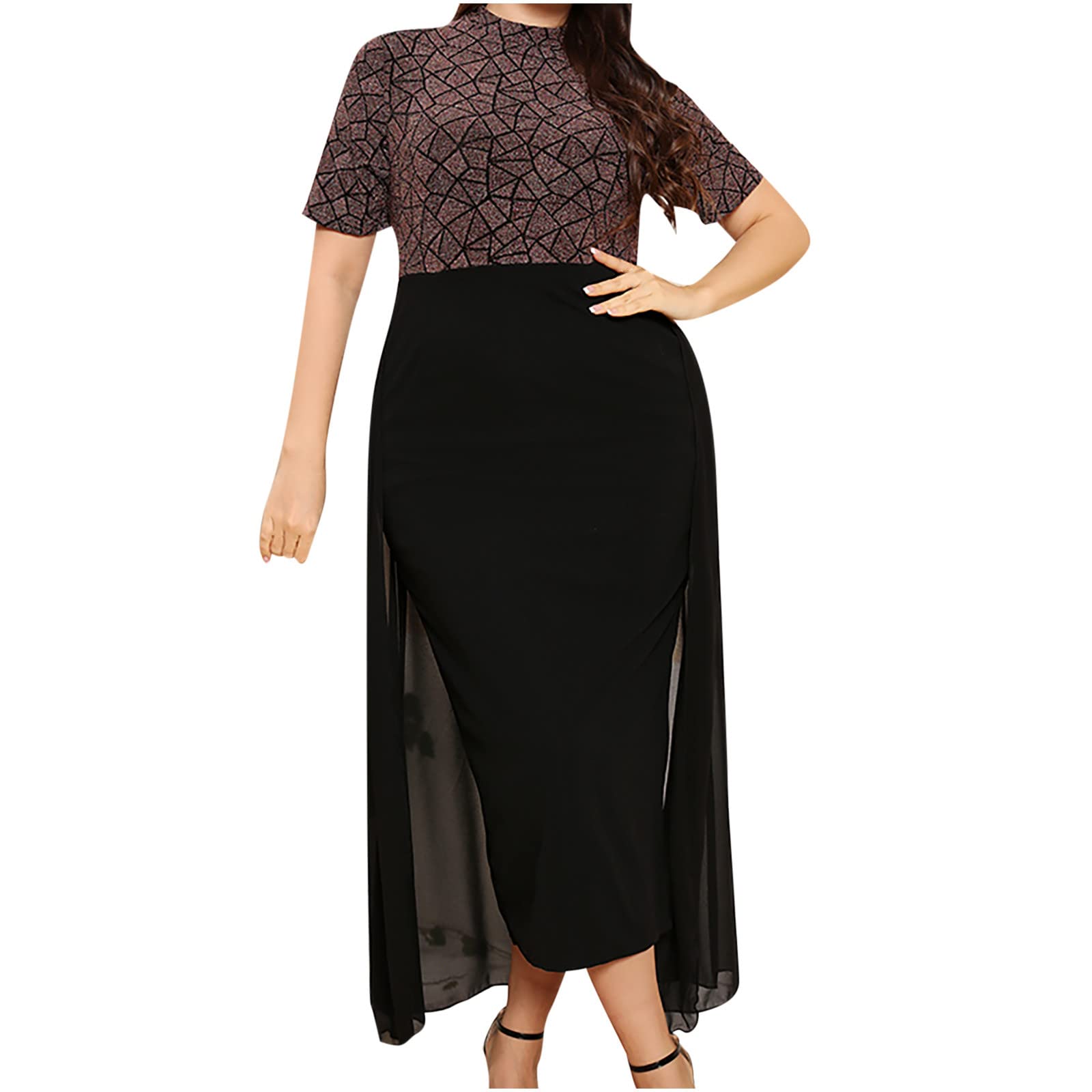 Elegant Plus Size Cocktail Dress for Women - Semi-Formal Tulle Tiered Short Sleeve Bodycon Dress with Chic Spliced Design | Perfect for Parties, Weddings & Special Occasions