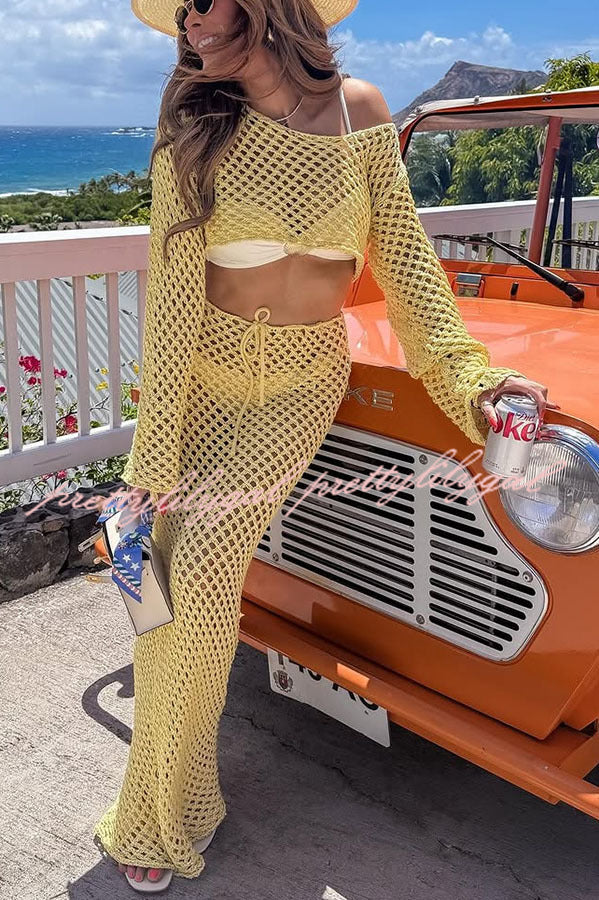 At The Coast Women's Knit Hollow Out Long Sleeve Crop Top & Drawstring Low Rise Maxi Skirt Set | Beach Vacation Outfit, Summer Boho Fashion, Seaside Date Night