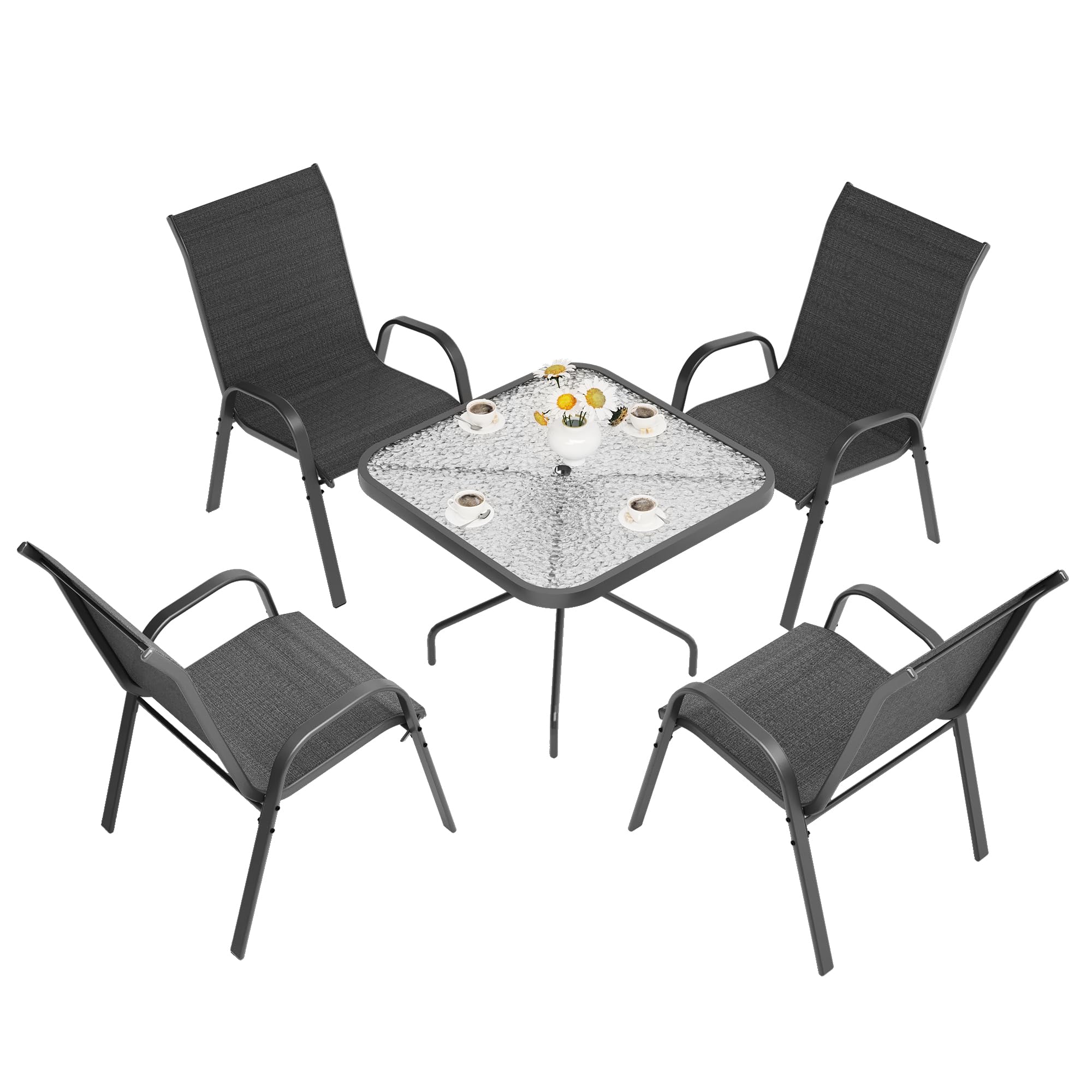 UDPATIO 5-Piece Outdoor Patio Dining Set with Square Table & Chairs - Breathable Fabric & Alloy Steel Frame - Perfect for Backyard, Garden, Poolside, Porch (Black) | Durable Weather-Resistant Outdoor Furniture for Entertaining & Relaxation
