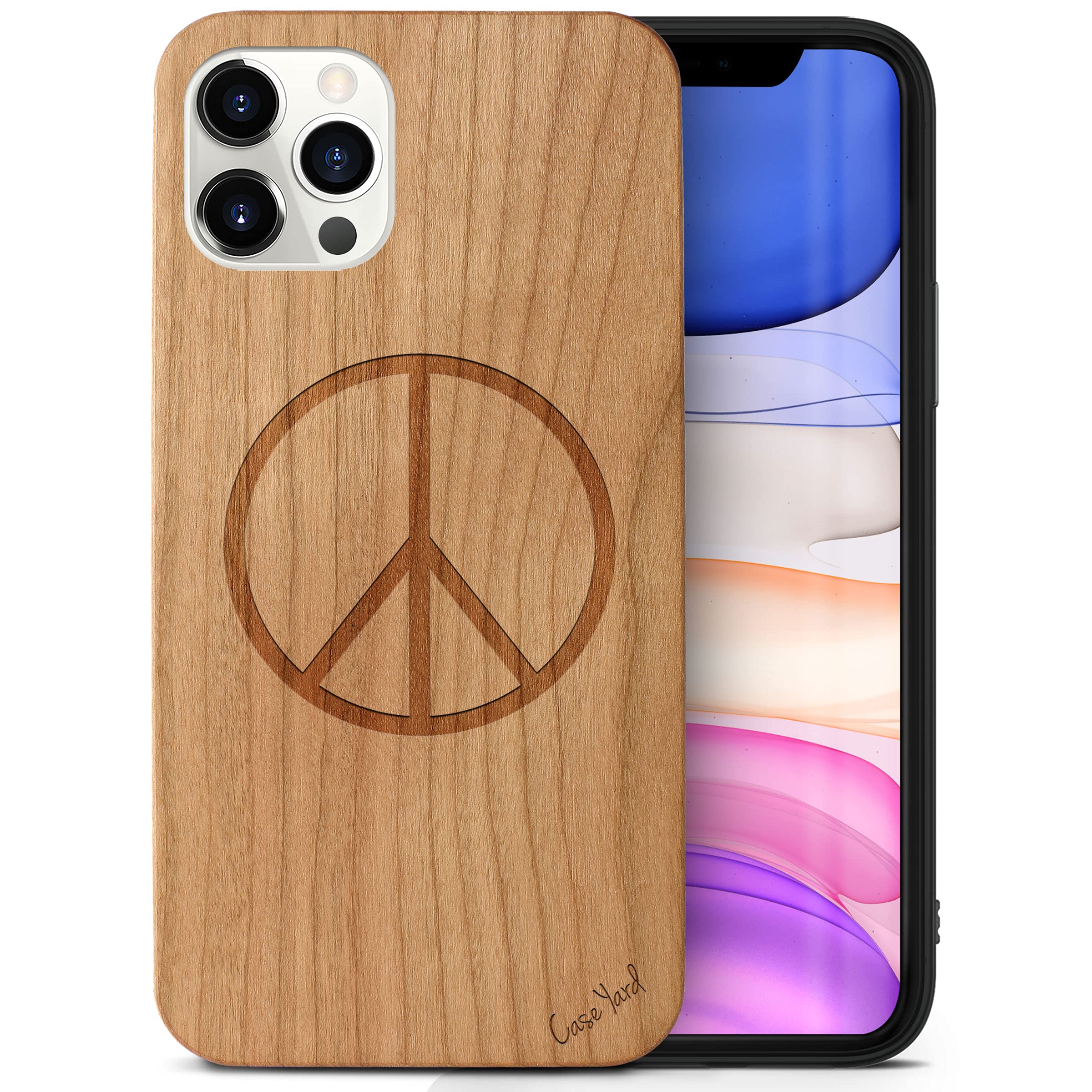 CaseYard Premium Cherry Wood Phone Case for iPhone 11 Pro - Laser Engraved Peace Design, Slim Fit Shockproof Protective Cover for Men & Women - Perfect for Daily Use, Travel & Gift Giving