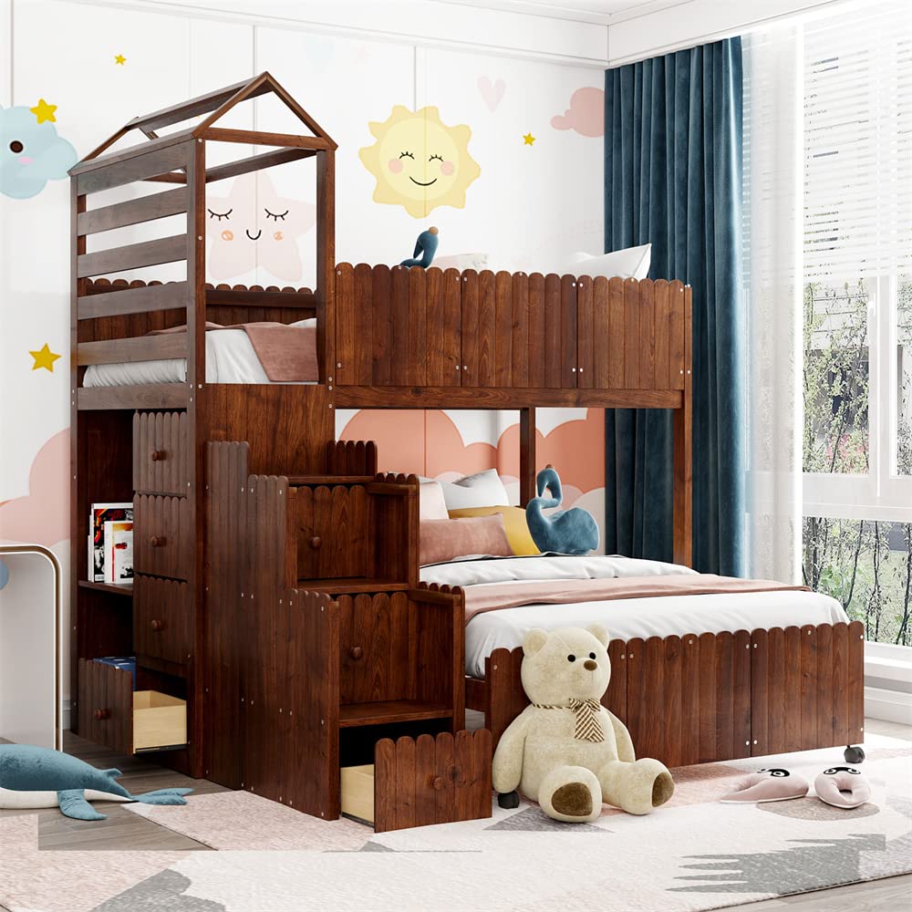 Solid Wood Twin Over Full Bunk Bed Frame with 7 Drawers & 2 Shelves - Space-Saving Low Loft Design with Safety Guardrails, Storage Staircase & Roof - No Box Spring Needed (Walnut Finish) - Perfect for Kids' Bedrooms, Guest Rooms & Small Spaces