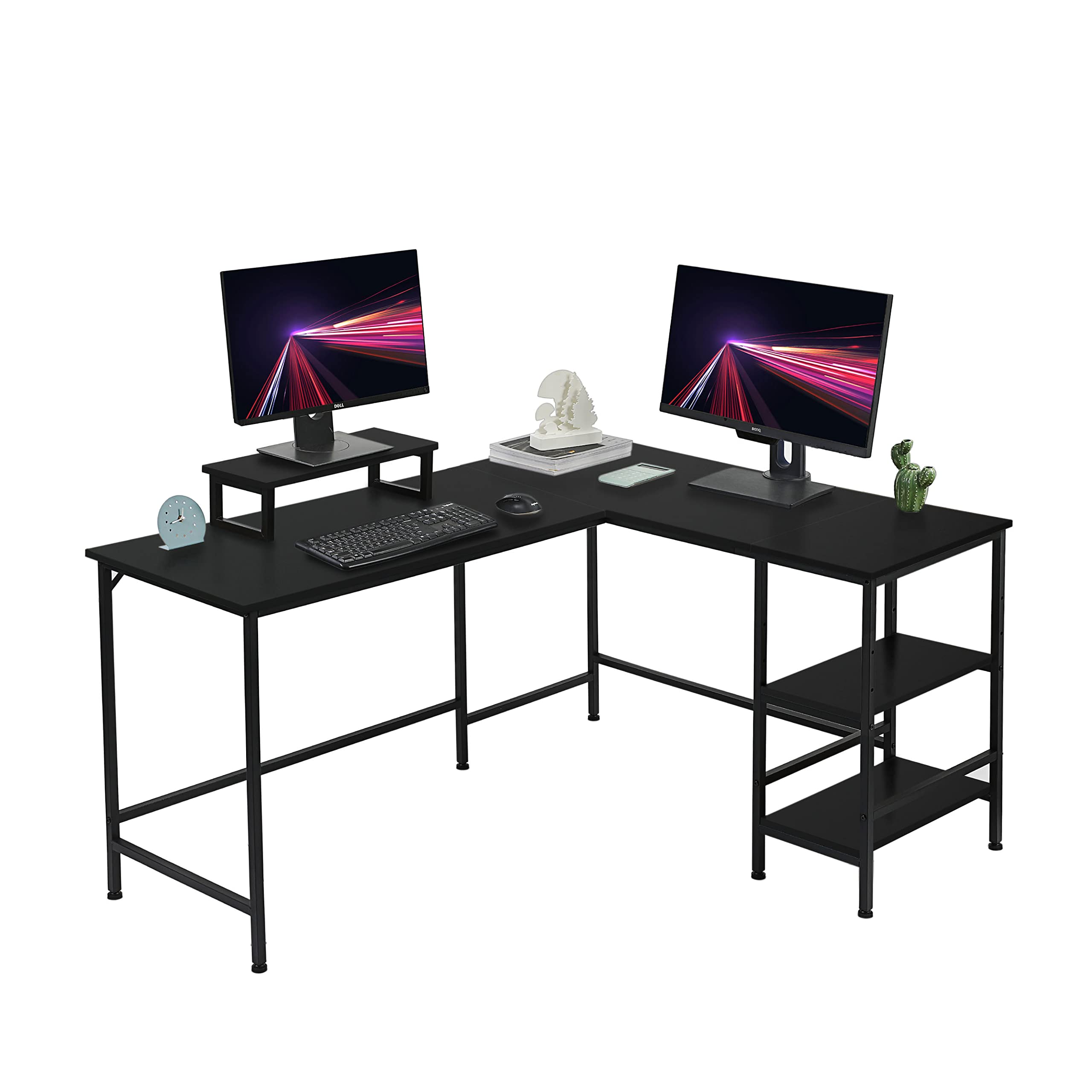 L-Shaped Corner Computer Desk with Storage Shelves - Large Gaming & Workstation Desk with Monitor Stand for Home Office, Study, or Gaming Room - Black