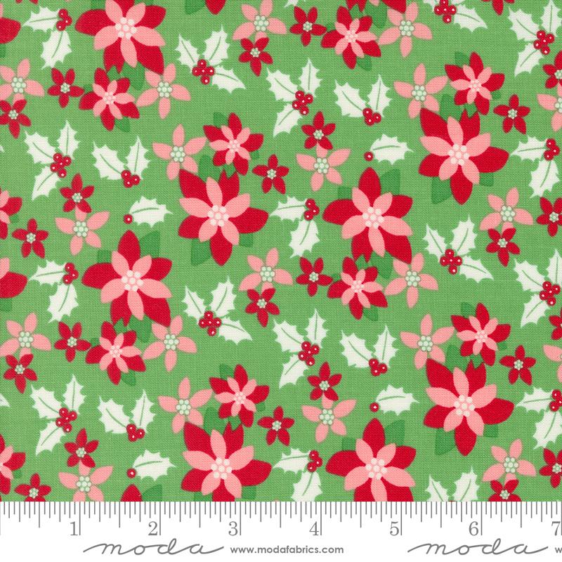 Urban Chiks Kitty Christmas Poinsettia Green Holly Fabric by the Yard - Perfect for Holiday Quilting, DIY Christmas Decorations, and Festive Sewing Projects