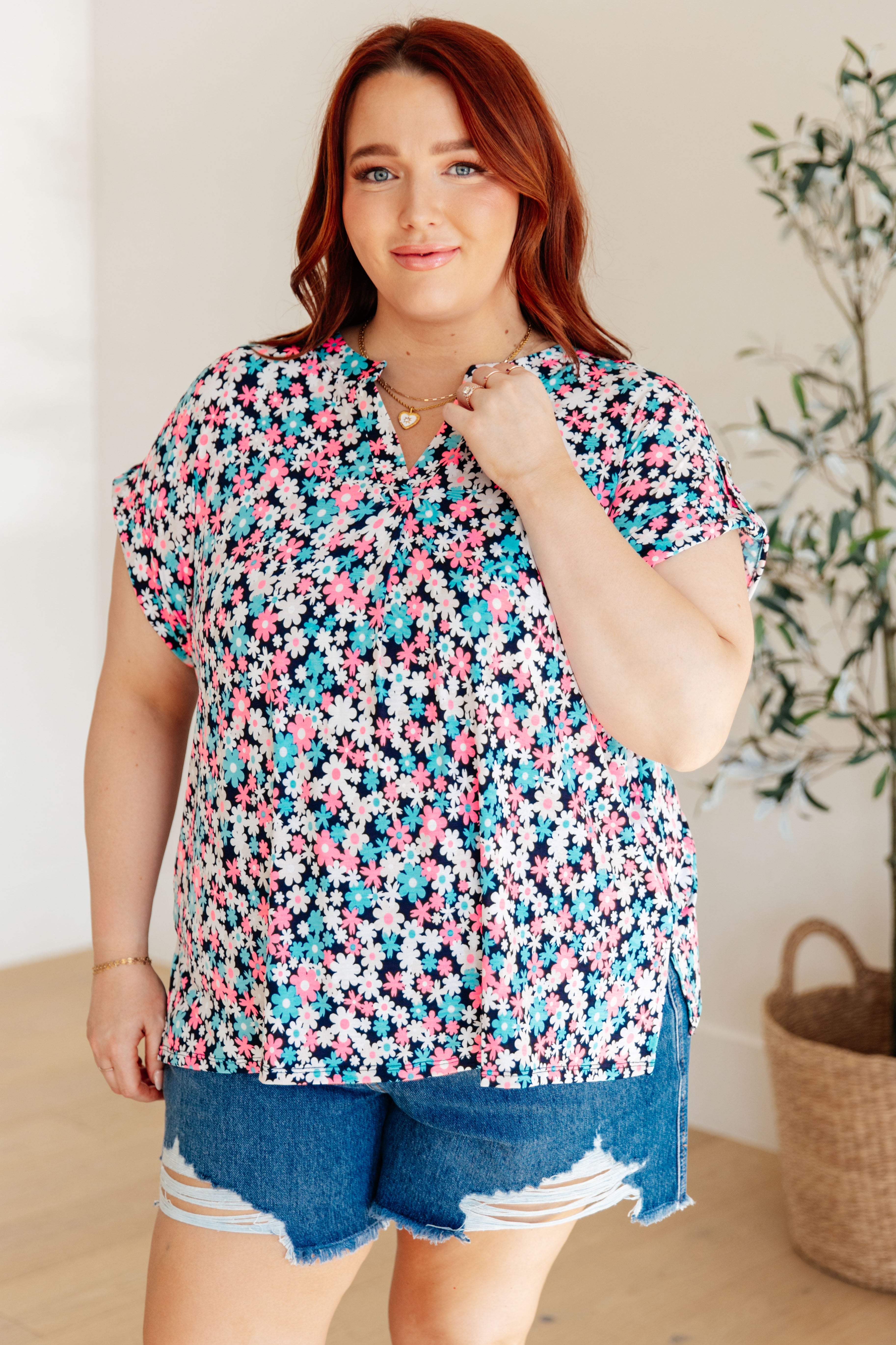 Lizzy Cap Sleeve Top - Navy & Hot Pink Floral Print Women's Blouse for Casual Wear, Date Night & Summer Outfits