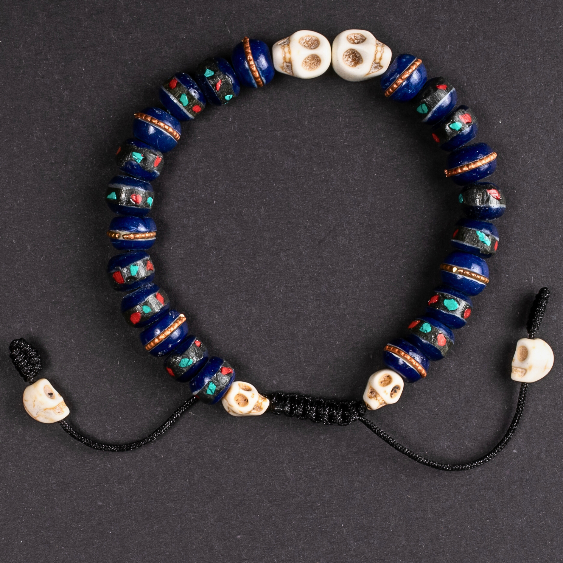 Lapis Lazuli Inlaid Bone & Skull Bracelet - Handmade Buddhist Mala Beads for Meditation, Yoga & Spiritual Protection - Perfect for Mindfulness Practice & Boho Fashion Accessories