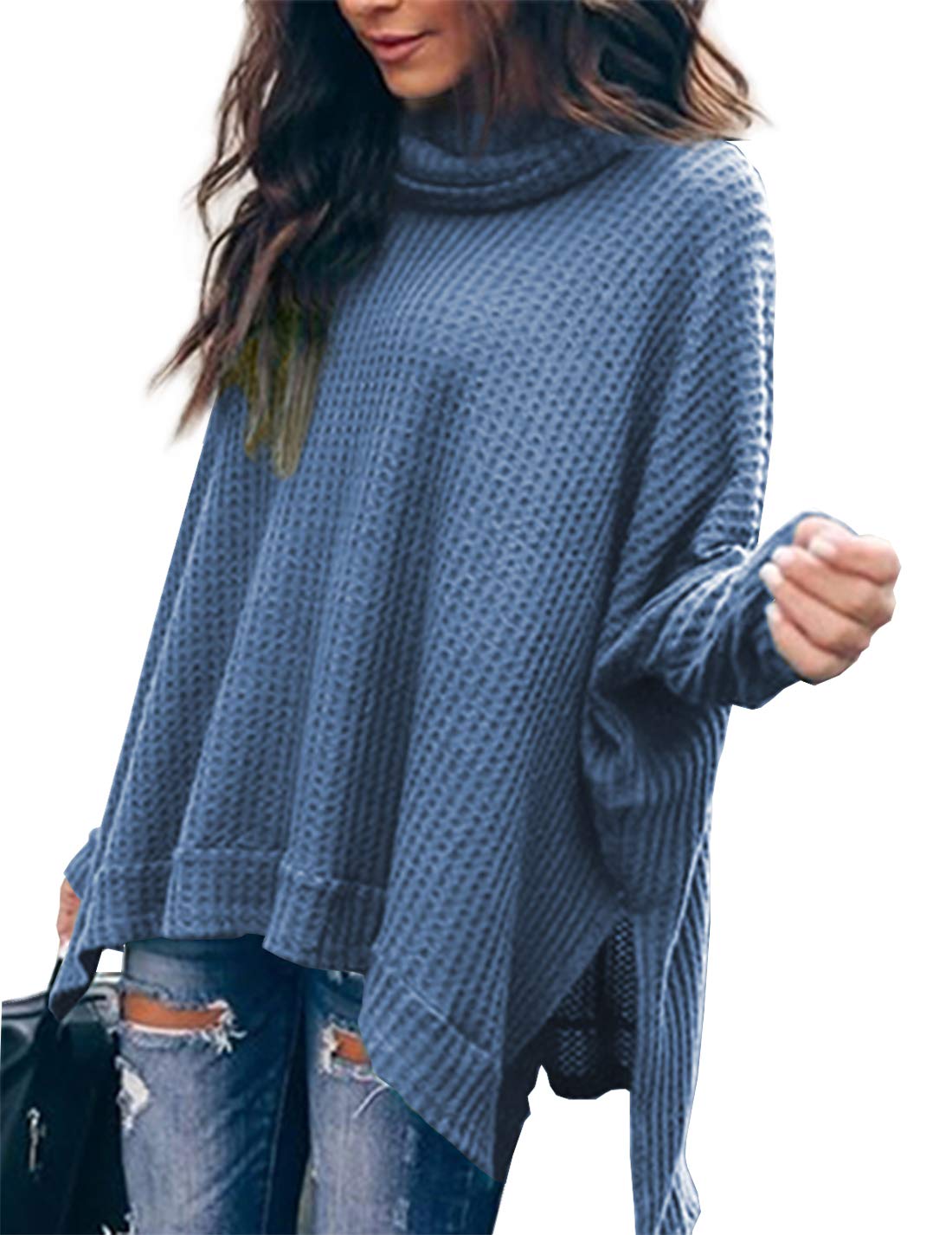 Albe Rita Women's Casual Turtleneck Batwing Sleeve High-Low Hem Side Slit Waffle Knit Loose Oversized Sweater Tunic Top - Cozy Fall Winter Fashion for Layering, Office Wear & Weekend Outfits