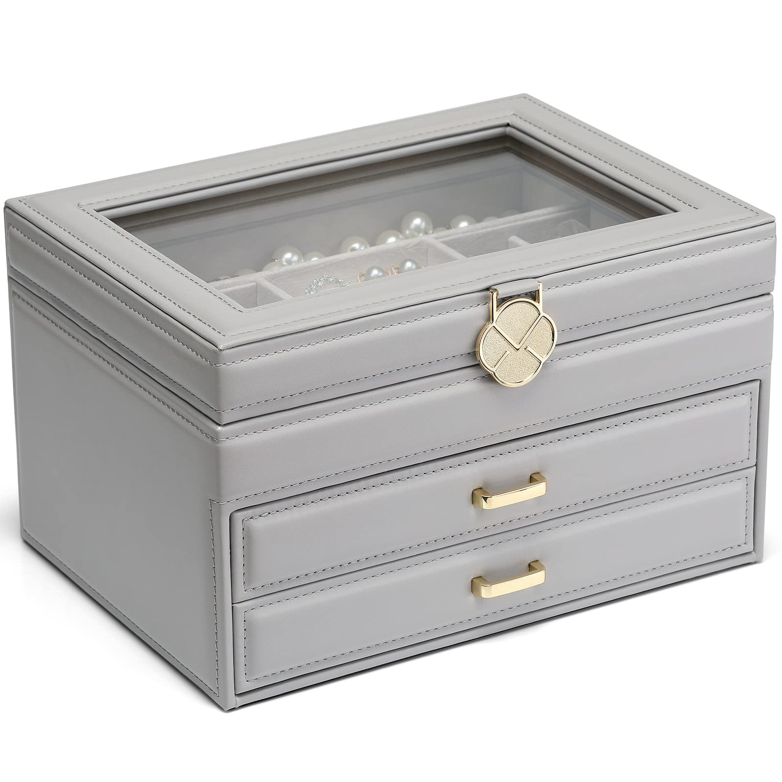 Vlando Grey Leather Jewelry Organizer Box - 3 Layer Glass Jewelry Storage with 2 Drawers, Large Jewelry Box for Women & Teen Girls - Perfect for Earrings, Necklaces, Rings - Ideal Mother's Day Gift & Home Decor Organizer