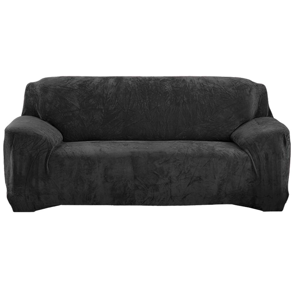 Stretch Velvet Sofa Slipcover for 3 Cushion Couch - Soft Thick Furniture Protector with Non-Slip Straps - Form Fit Couch Cover for Dogs (Large, Black) - Perfect for Living Room, Pet-Friendly Home & Furniture Protection