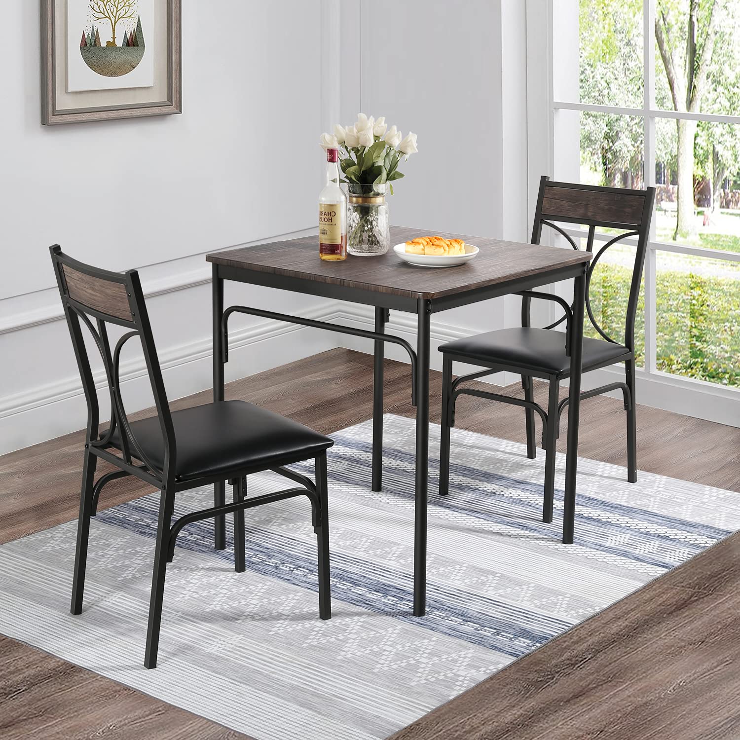 VECELO 3-Piece Kitchen Dining Table Set with Chairs - Compact Farmhouse Style Dinette for Small Spaces, Breakfast Nook & Home Decor in Dark Brown - Perfect for Apartments, Condos & Cozy Dining Areas