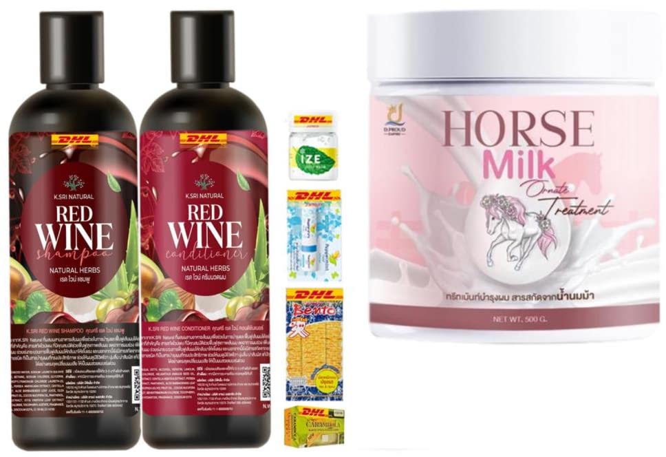 K.Sri Red Wine Herbal Shampoo & Conditioner Set 300ml - Horse Milk Protein Hair Treatment for Nourishment & Growth | Fast DHL Shipping | Perfect for Damaged Hair Care & Scalp Health | Beauty Gift Included