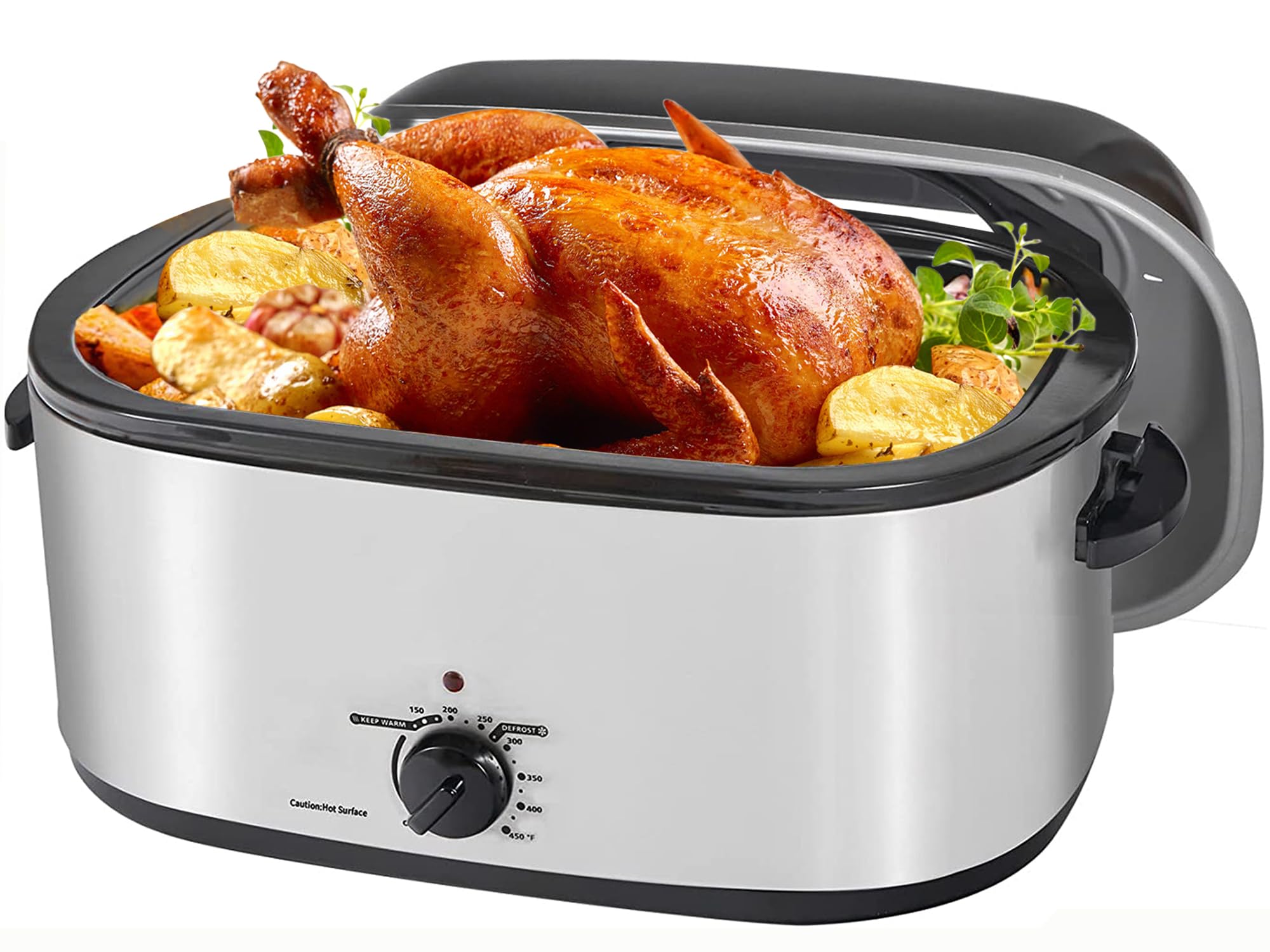 28 Quart Electric Roaster Oven with Self-Basting Glass Lid - Stainless Steel Turkey Roaster with Defrost & Warm Function, Removable Rack - Fits 30LB Turkey (Perfect for Thanksgiving, Christmas & Large Family Dinners)