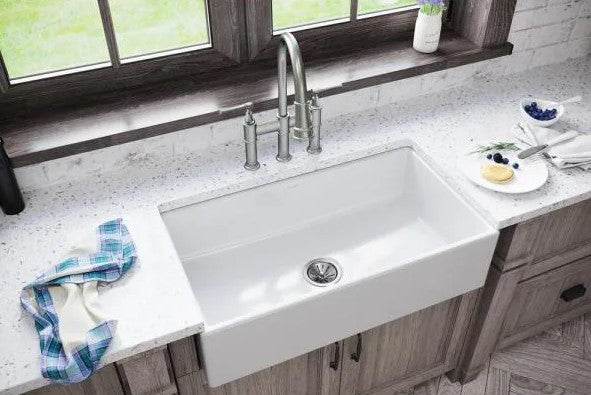 ELKAY Burnham White Fireclay 33-Inch Single Bowl Farmhouse Apron Kitchen Sink - Perfect for Rustic & Modern Kitchens, Dishwashing & Food Prep