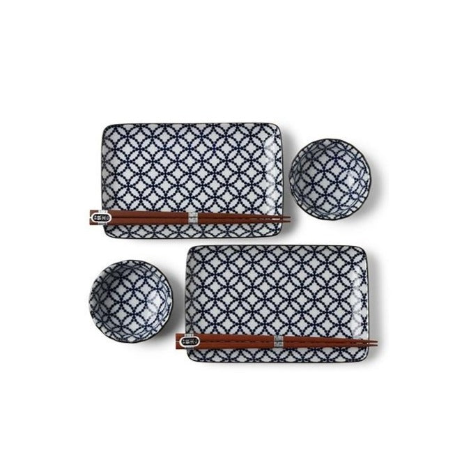 Premium Japanese Miya Shippou Blue Enamel Sushi Set for 2 People - Authentic Handcrafted Sushi Plates with Chopsticks - Perfect for Date Nights, Japanese Dining & Dinner Parties