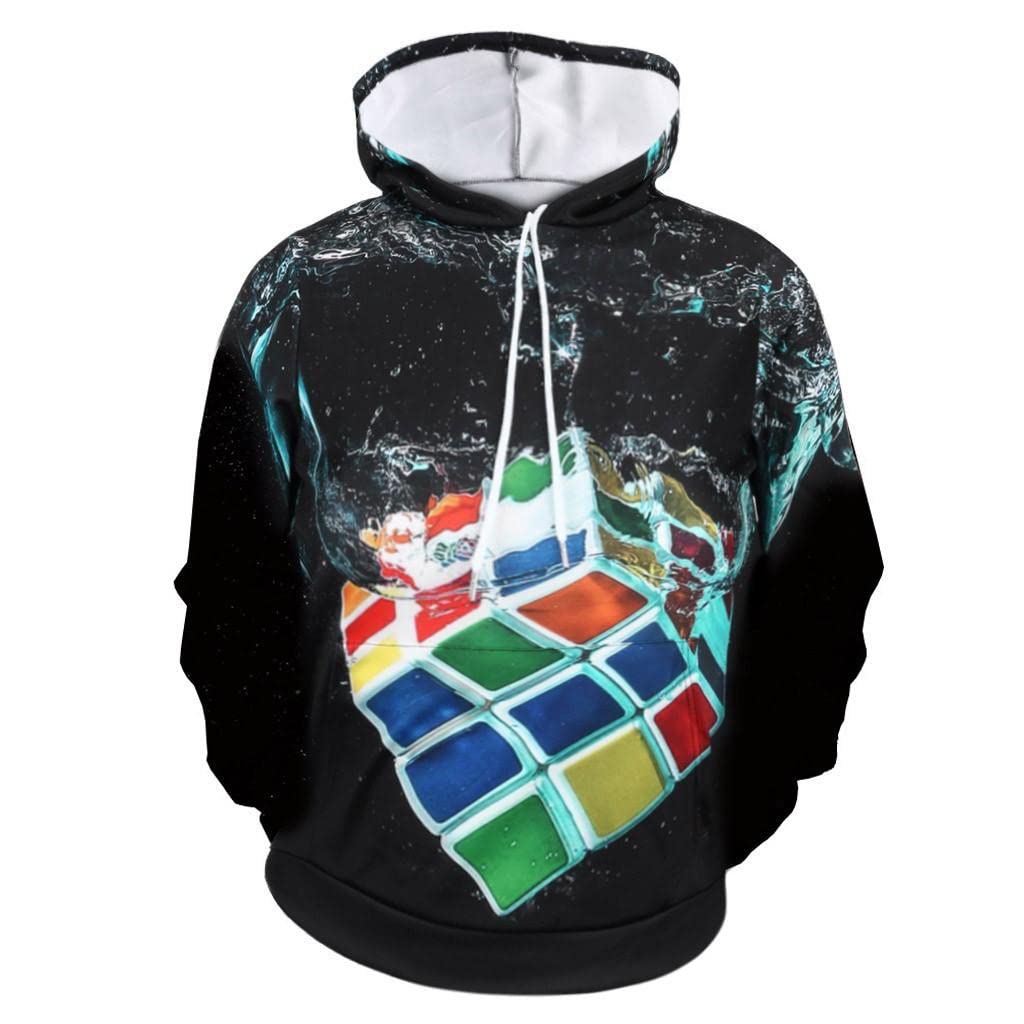 HGOOGY Men's Oversized Hoodie Pullover - 3D Rubik's Cube Graphic Sweatshirt - Plus Size Casual Streetwear for Gym, Lounge & Everyday Wear