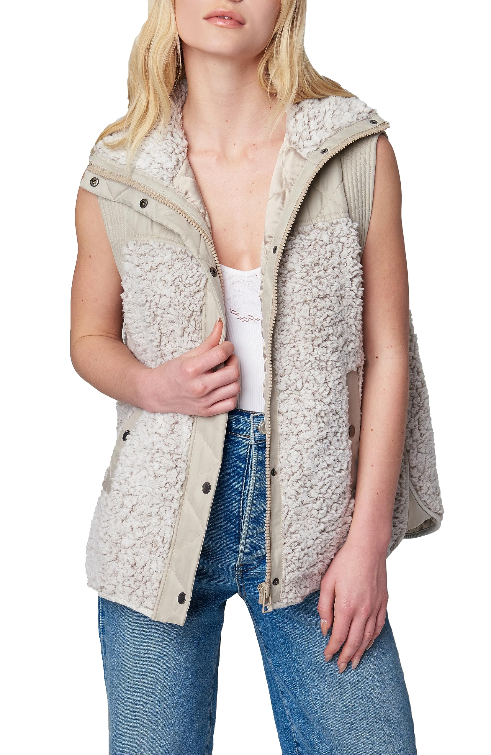 BLANKNYC Women's Quilted Sherpa Vest with Pockets - Warm Fleece Lined Winter Jacket for Outdoor Activities, Casual Wear & Layering