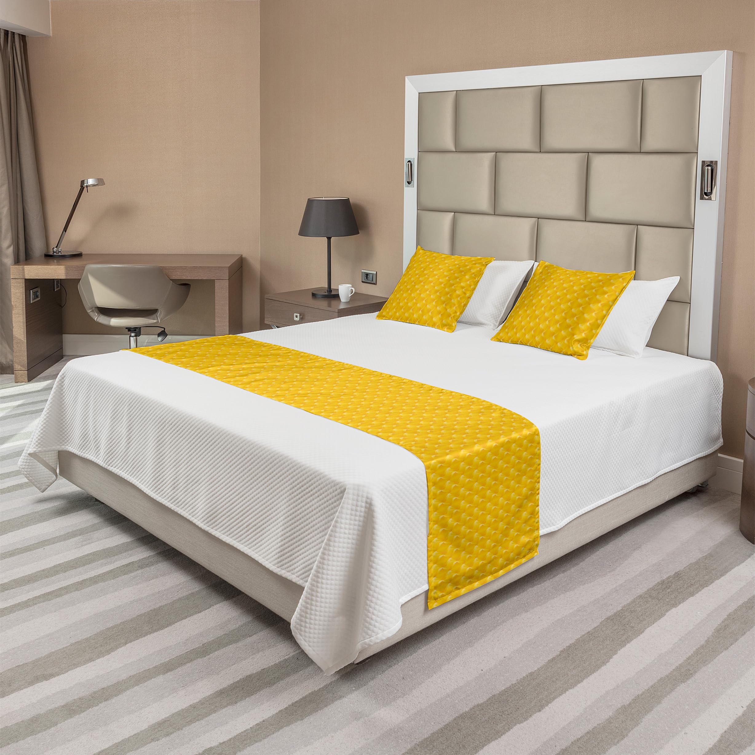 Ambesonne Yellow Bed Runner Set with Abstract Design - Shaded Curving Lines & Swirling Motifs Monochromatic Print - Decorative Bedding Scarf & 2 Pillow Shams for Hotels, Homes, Dorms - Perfect for Boho Chic Bedrooms, Guest Rooms & Luxury Hotel Decor