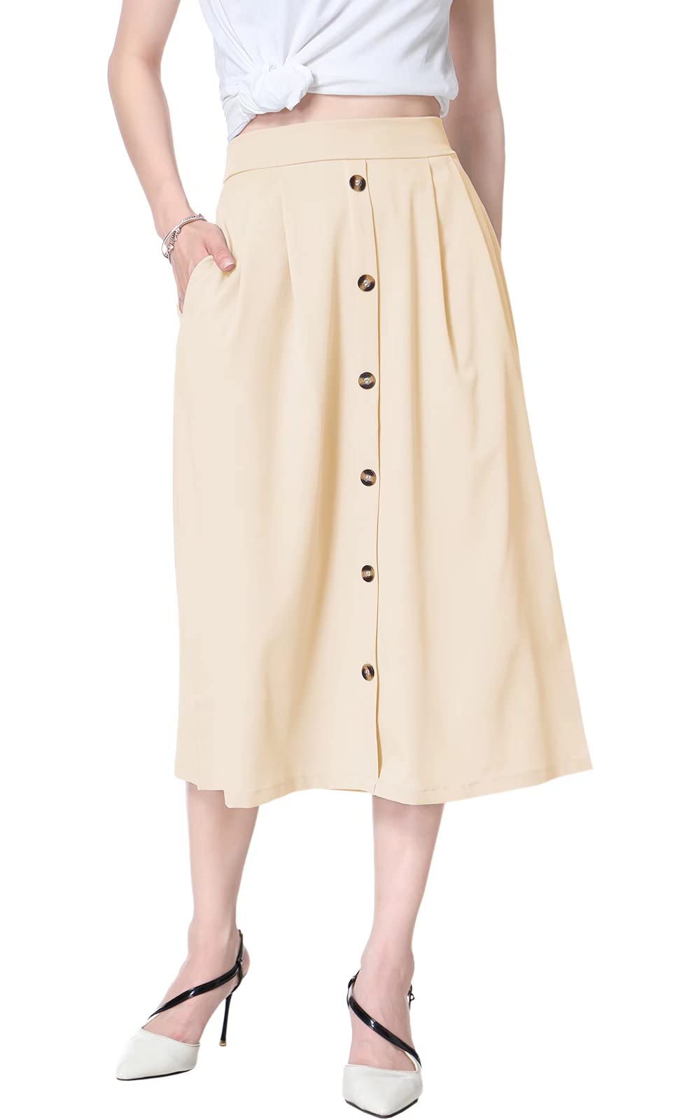 HENGAO Women's Midi Skirt - Casual A-Line Button Front High Waist Skirt with Pockets | Perfect for Office, Date Night & Spring Outfits