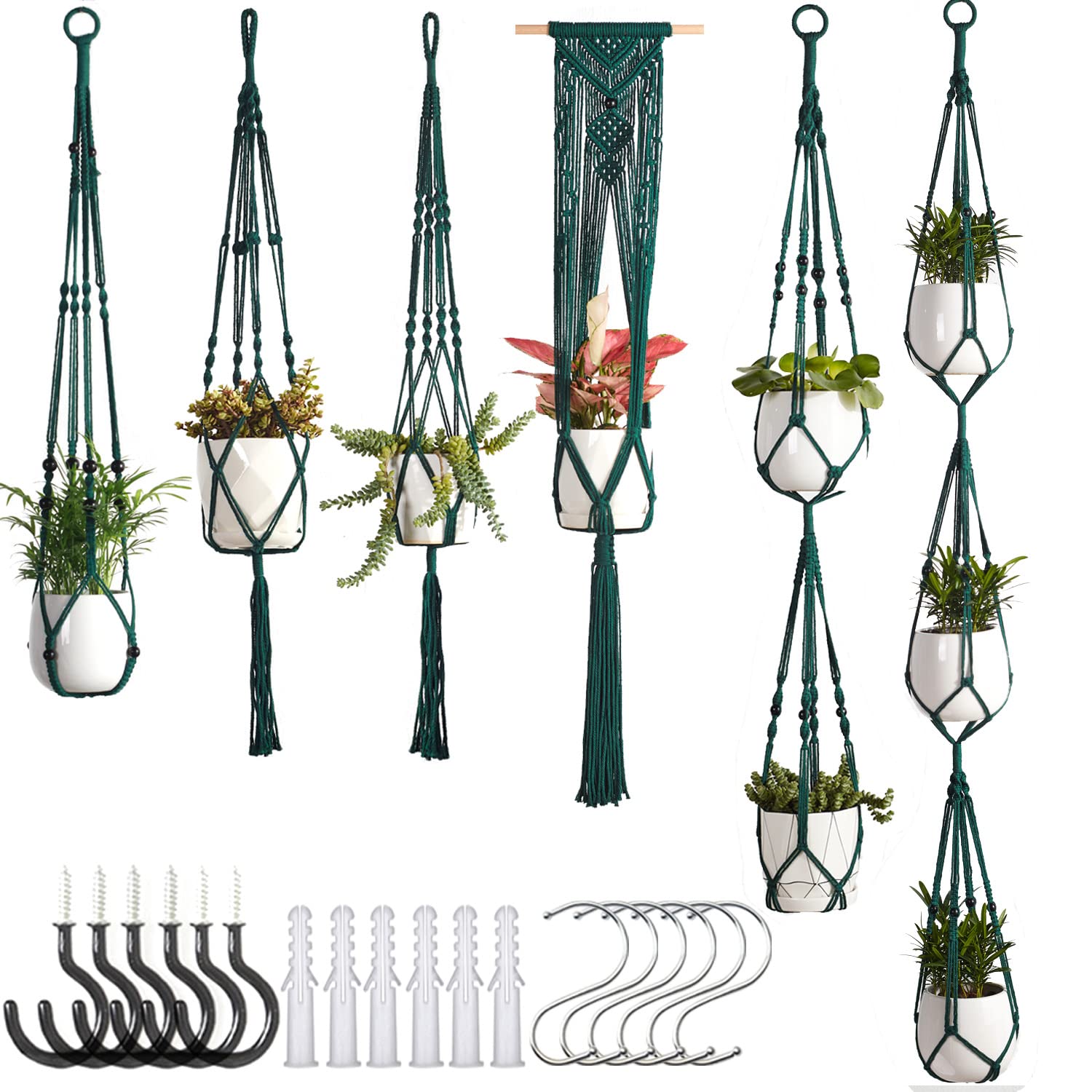 Handmade Macrame Plant Hangers for Indoor Plants - 6 Pack Boho Hanging Plant Holders with Strong Ropes, Home Wall Decor for Living Room, Bedroom, Balcony & Garden