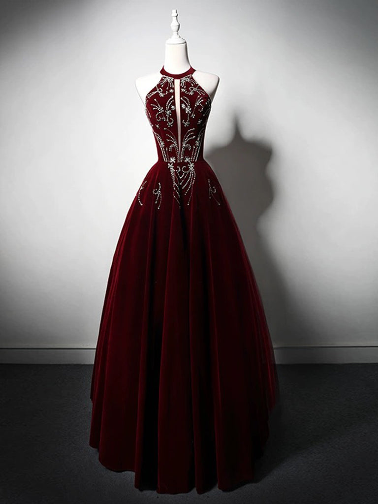 Elegant A-Line Velvet Sequin Beaded Burgundy Long Prom Dress - Formal Evening Gown for Homecoming, Wedding & Special Occasions