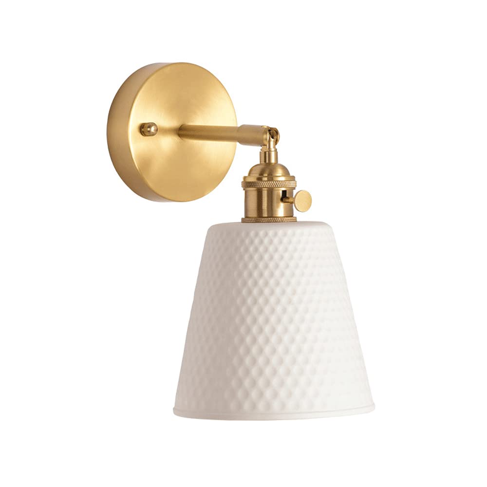 NAMFMS Circular Dot Design Ceramics Wall Sconce - H65 Brass Wall Lamp for Study Room, Bedroom & Hallway | Art Deco Lighting Fixture for Stairs, Bathroom & Balcony | Energy Efficient White Wall Light for Reading & Ambient Lighting