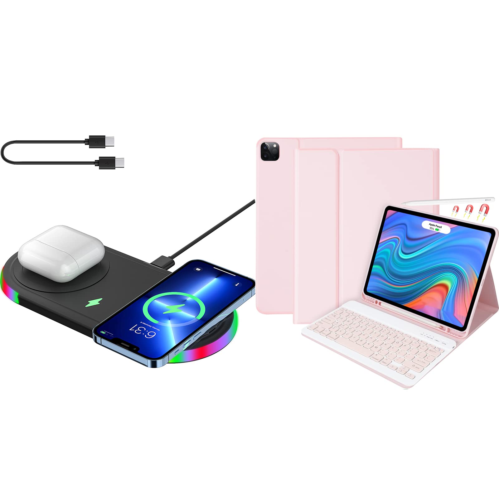 Premium iPad Pro 12.9 Inch Case with Backlit Keyboard - Compatible with 3rd/4th/5th Gen (2018/2020/2021) | Includes 15W Max Wireless Charging Station & Fast Charging Pad | Perfect for Work, Travel & Home Office Use