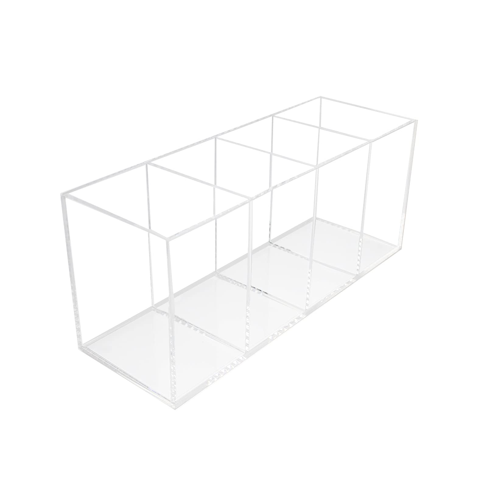 QPEY 4-Compartment Clear Acrylic Pen Holder Organizer - Desk Accessory for Office, Makeup Brushes, Cosmetics | Perfect for Dorm, Bathroom & Kitchen Storage (Clear)