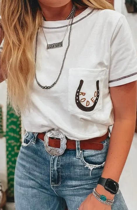 White Rodeo Horseshoe Embroidered Patch Pocket T-Shirt for Men & Women - Western Cowboy Style Tee for Rodeo, Country Music Festivals & Casual Wear