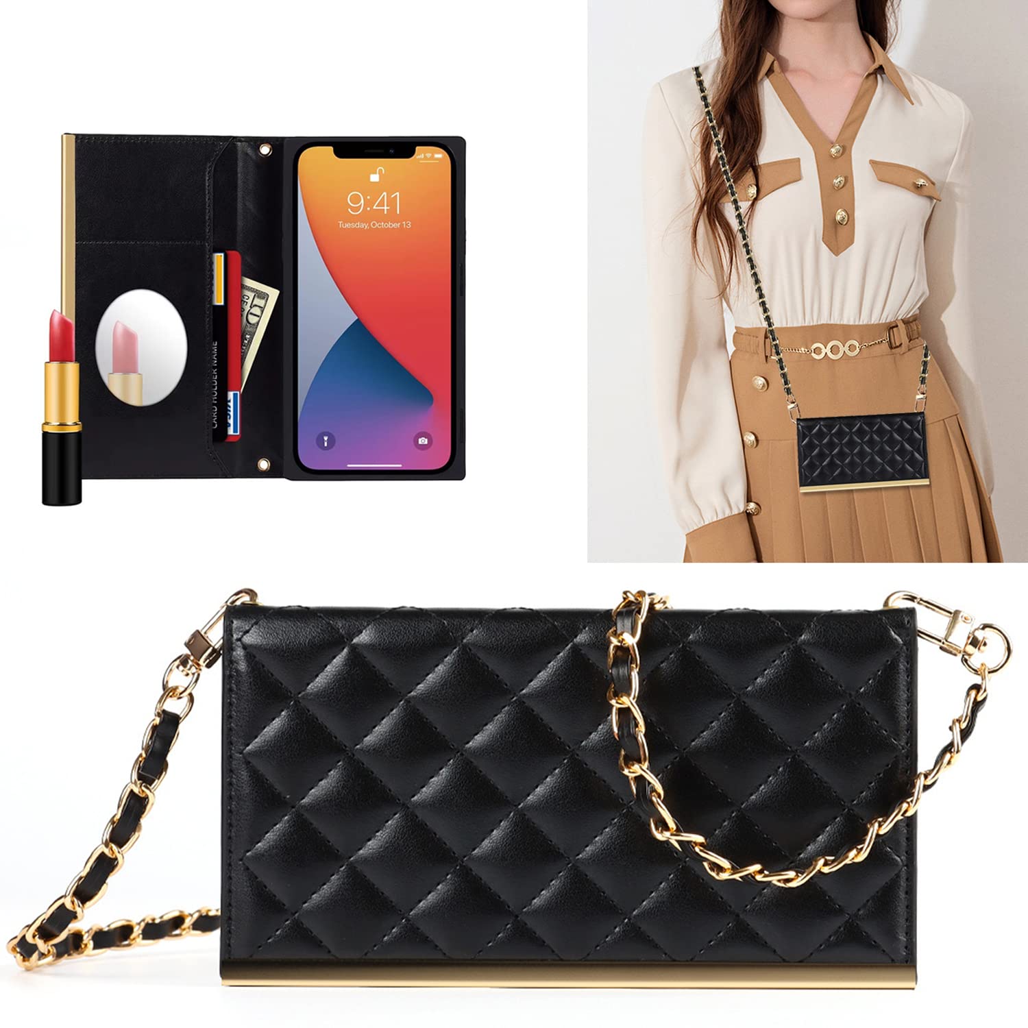 Luxury Leather Wallet Case for iPhone 13 Pro - Fashion Flip Purse with Card Slots, Crossbody Chain & Mirror | Shockproof Protective Cover (Black) | Perfect for Everyday Use, Travel & Hands-Free Convenience