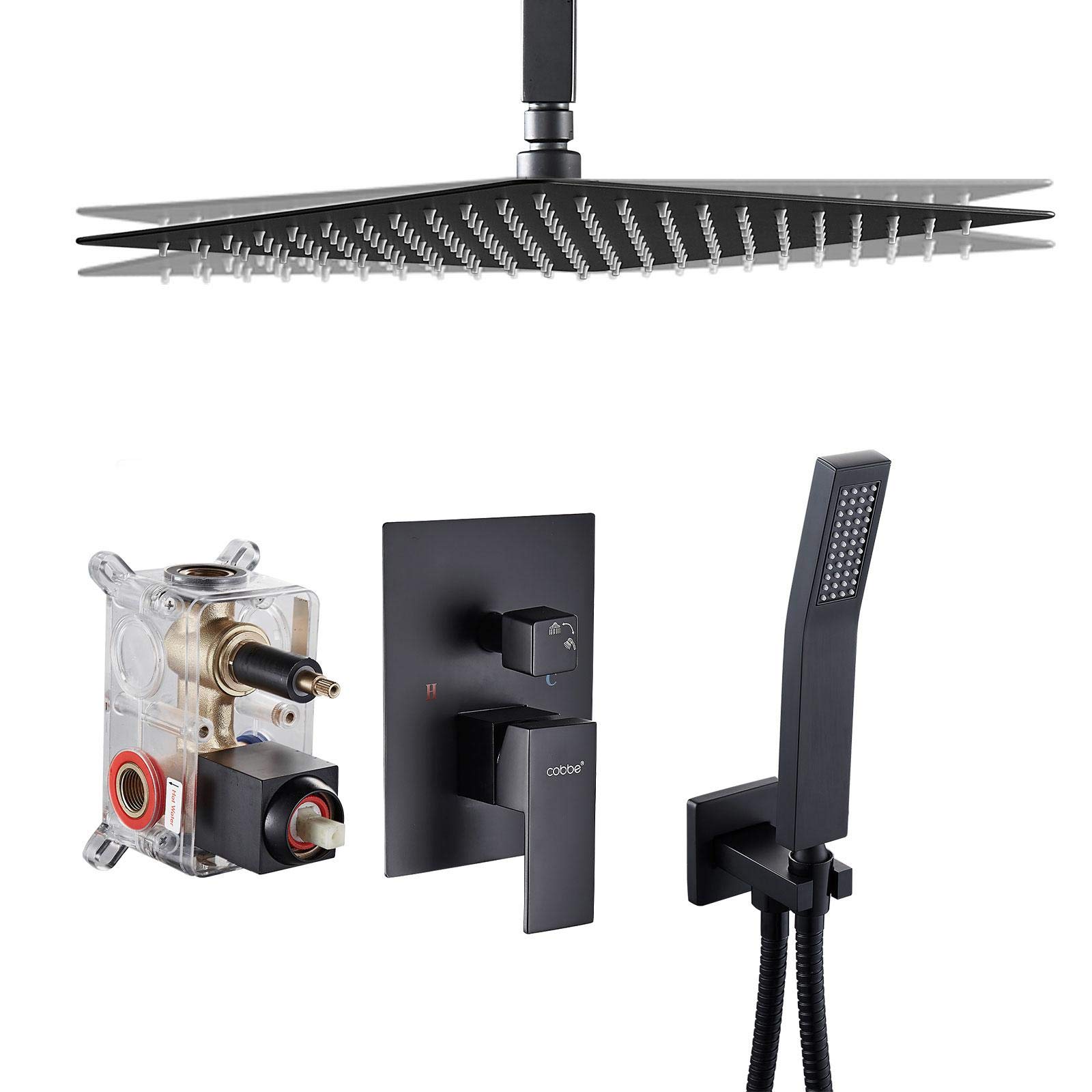 Premium Cobbe 12-Inch Rainfall Shower System - Complete Bathroom Faucet Set with Handheld Shower Head, Ceiling Mount & Rough-in Valve (Ideal for Master Bath & Spa-Like Experience)