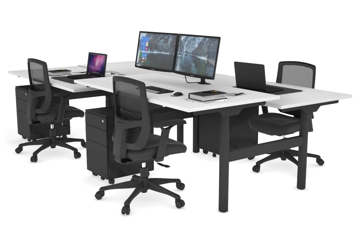 Flexi Premium 4-Person Height Adjustable H Bench Workstation - Black Frame (1600L x 800W) with Cable Management | Ideal for Office, Coworking Spaces & Home Workstations