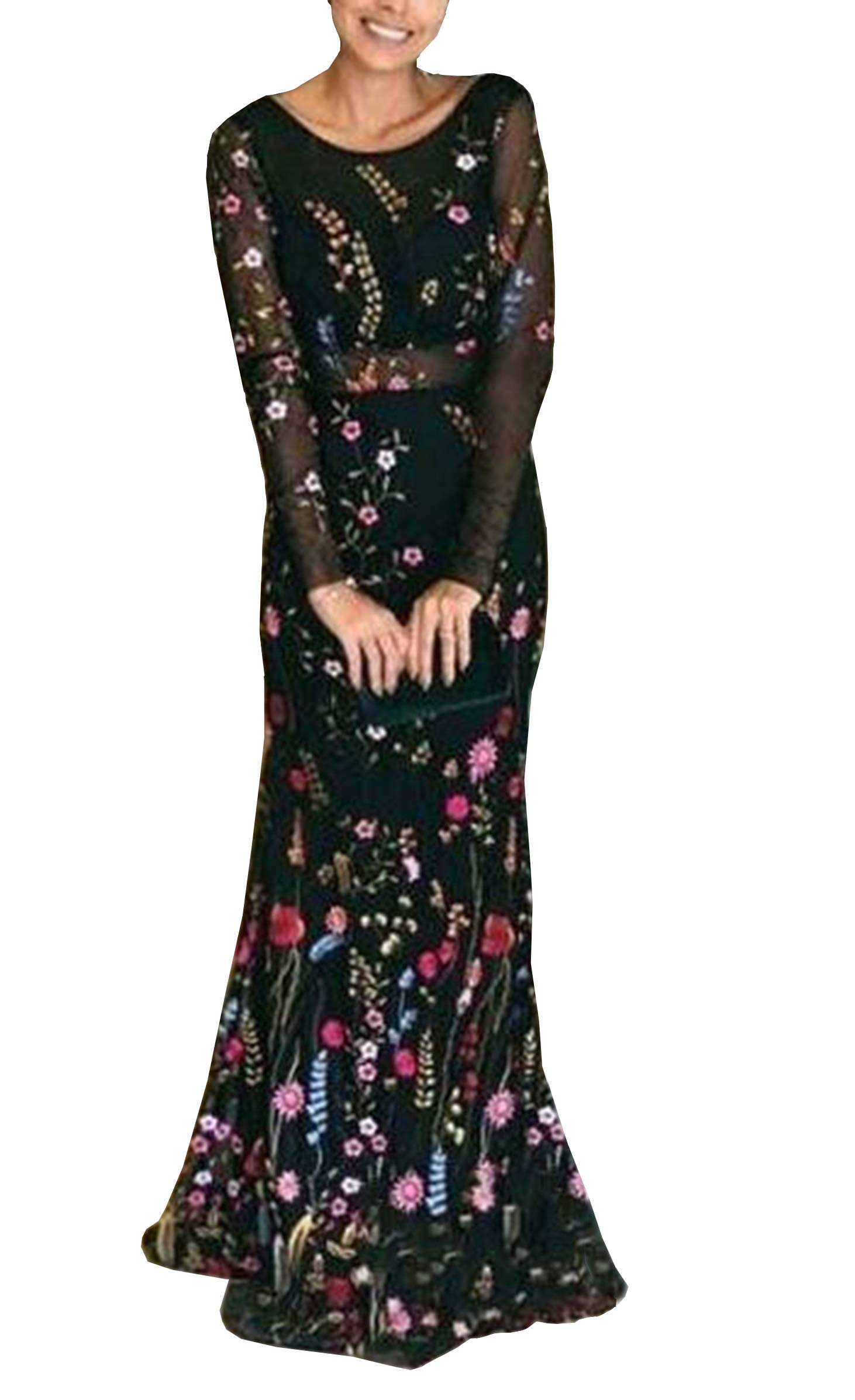 Honeydress Women's Embroidered Boho Long Sleeve Maxi Dress - Floral Lace Vintage Flowy Summer Beach Dress for Wedding, Party & Vacation