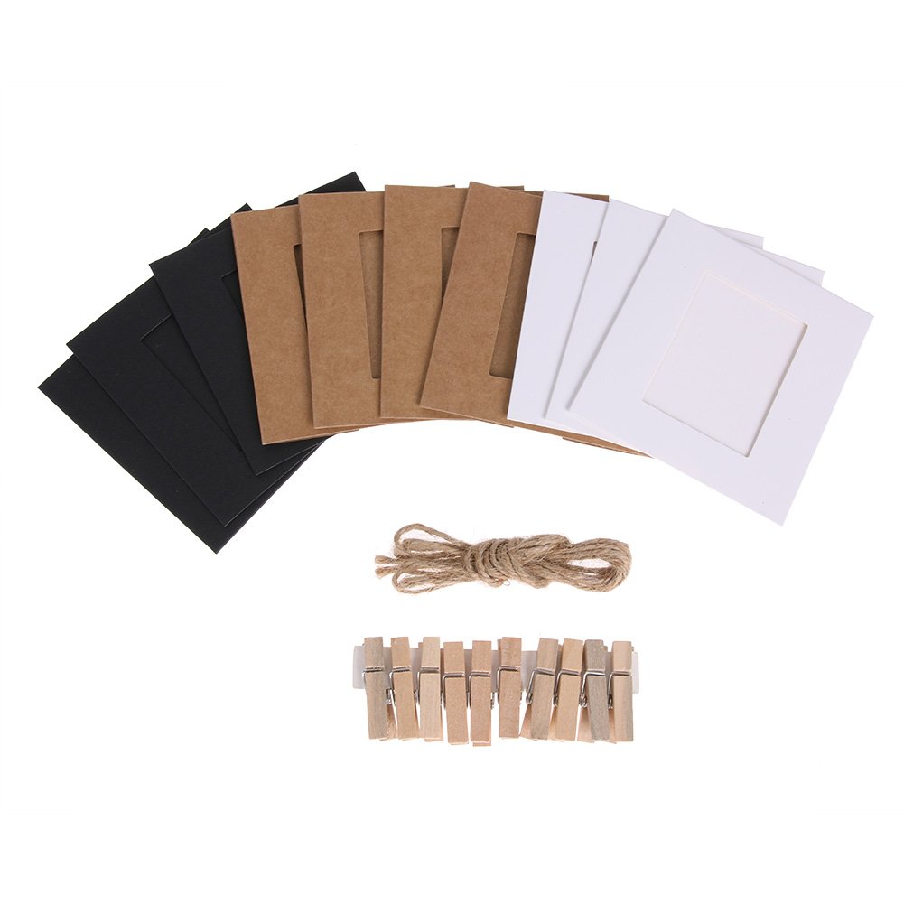 30 Pack DIY Kraft Paper Photo Frames with Wooden Clips & Hanging String - White, Black, Brown (3