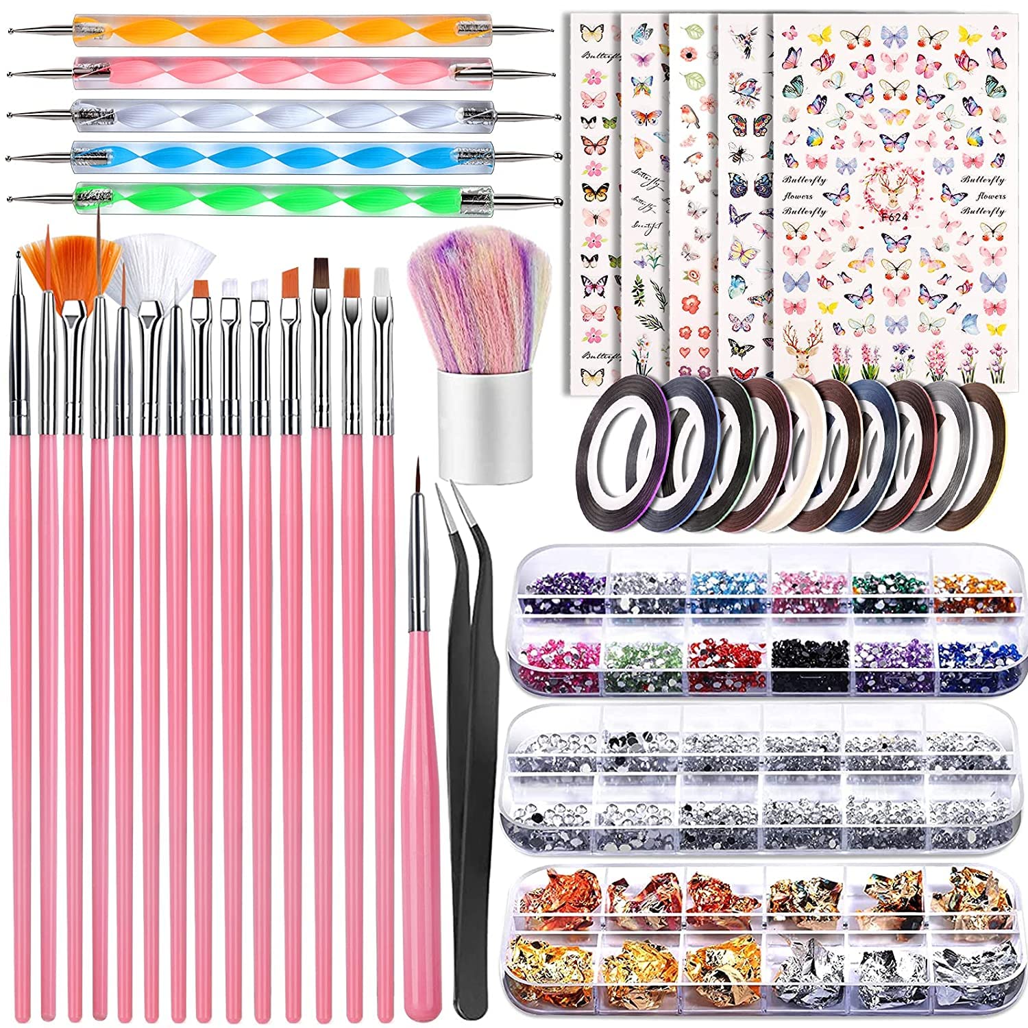 Professional Nail Art Brush Set with Dotting Tools, Foil Flakes, Striping Tape, Butterfly Stickers & Rhinestones – Perfect for DIY Manicures, Salon Nail Designs & Creative Nail Art Projects