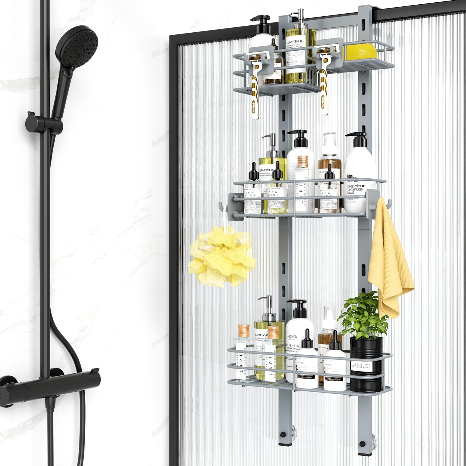 ODesign 3-Tier Over The Door Shower Caddy - Adjustable Hanging Bathroom Organizer with Soap Holder & 4 Hooks, Rustproof Shower Storage Rack for Shampoo, Razor & Toiletries - Perfect for Small Bathrooms & Apartment Showers (Slate-Grey)