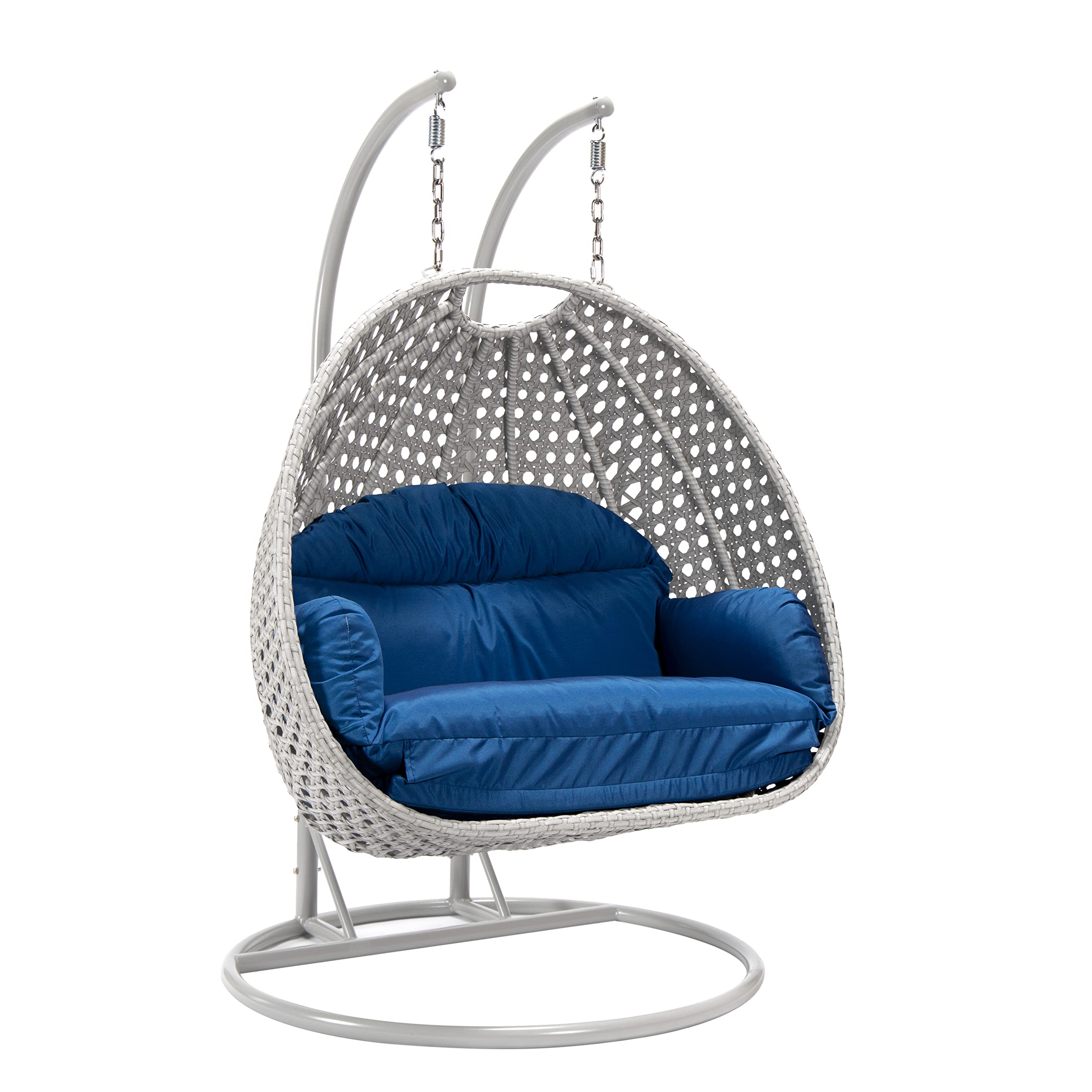 LeisureMod Mendoza Light Gray Wicker 2-Person Hanging Egg Chair with Stand & Cushions - Indoor/Outdoor Patio Swing for Garden, Porch, Backyard Relaxation (Blue)