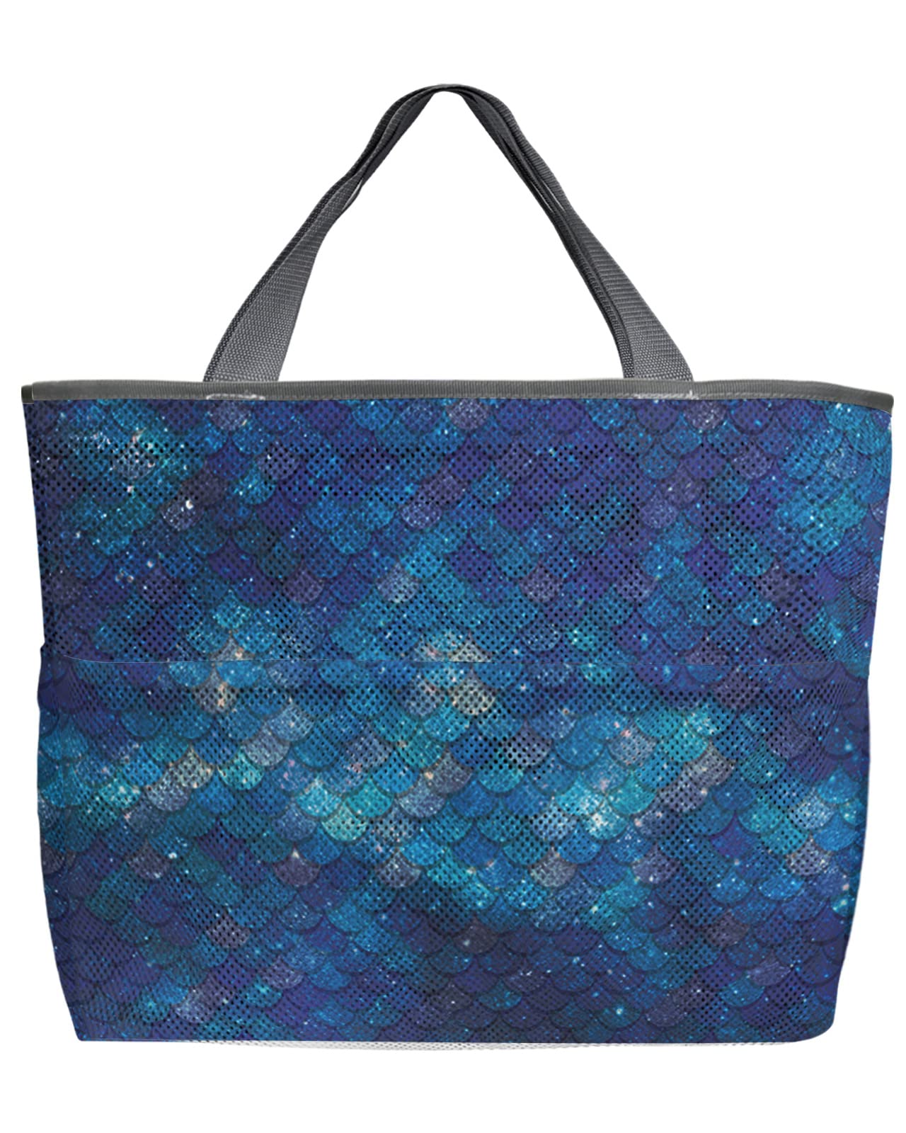 Mesh Beach Tote Bag - 60L Oversized Mermaid Scale Design, Quick-Dry Swim Bag with Pockets | Foldable Lightweight Blue Toy Tote for Beach, Pool, Grocery Shopping & Storage (24