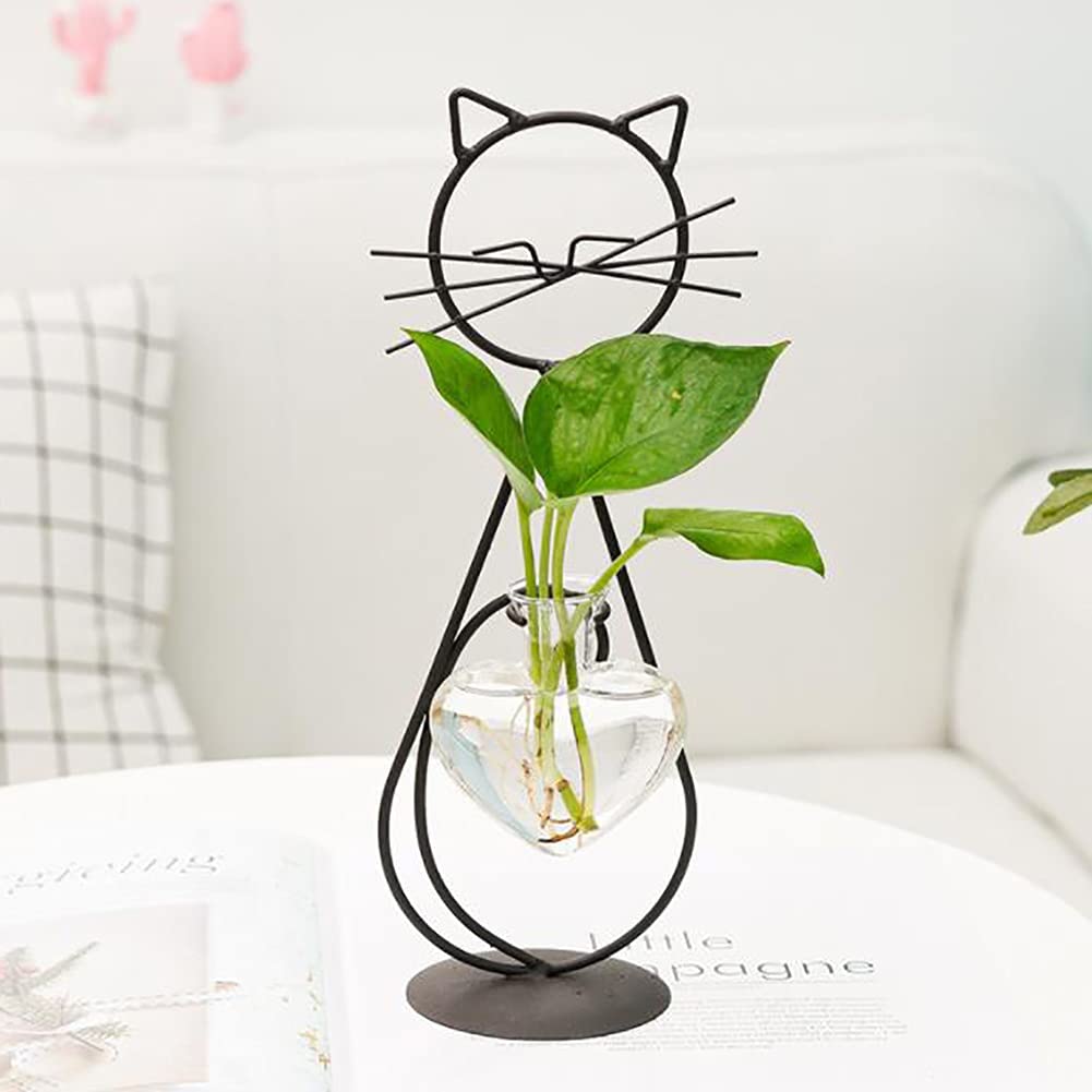URMAGIC Clear Heart Shaped Glass Hanging Vase with Adorable Cat Metal Stand - Perfect for Hydroponic Plants, Home, Garden & Office Decor | Ideal for Indoor Plant Displays, Wedding Centerpieces & Gift Giving