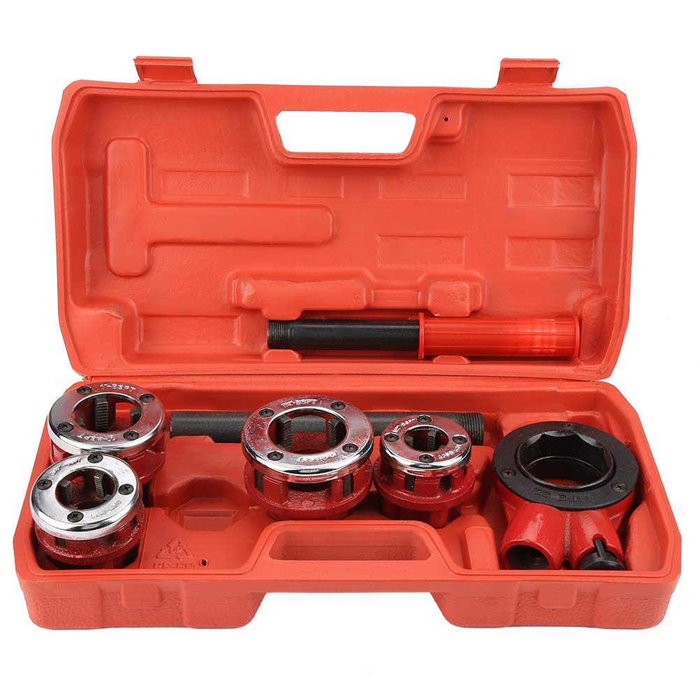 Alloy Steel Ratcheting Pipe Threading Tap and Die Set with 4 Swarf Removal Holes - 62B Type Four Head for Iron & Galvanized Pipes - Perfect for Plumbing Repairs and Pipe Threading Projects