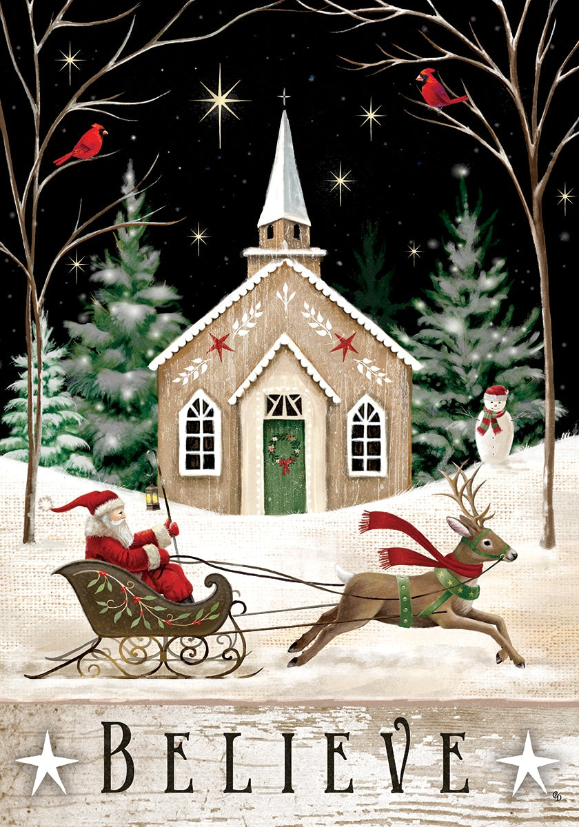 12 x 18 Inch Christmas Church and Sleigh Garden Flag - Outdoor Holiday Decoration for Yard, Porch, and Seasonal Festivities
