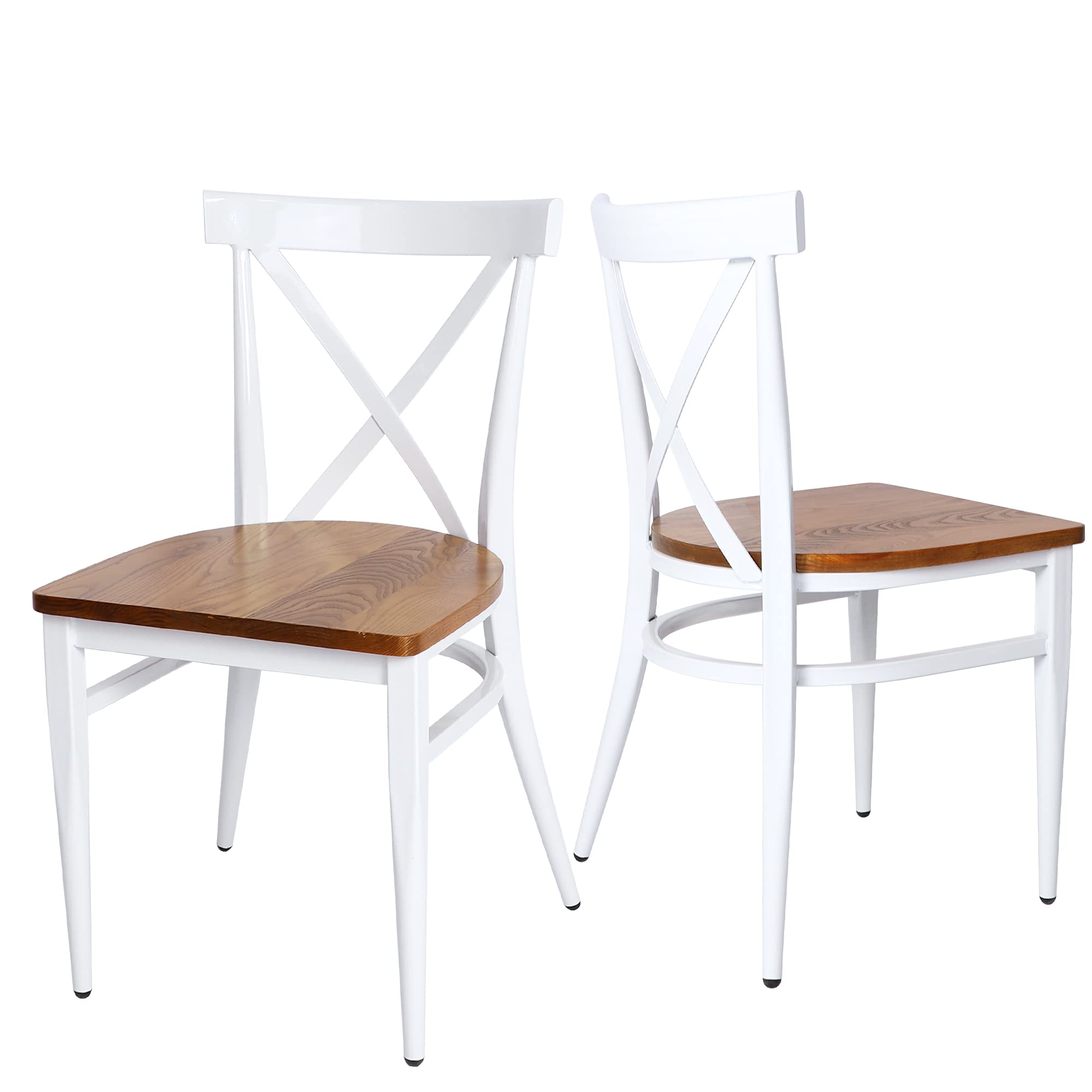 TRY & DO Set of 2 White Wooden Dining Chairs with Solid Wood Seat & Metal Legs - Stackable Fully Assembled Kitchen Side Chairs for Home, Restaurant & Outdoor Use - Perfect for Dining Rooms, Patios and Cafes