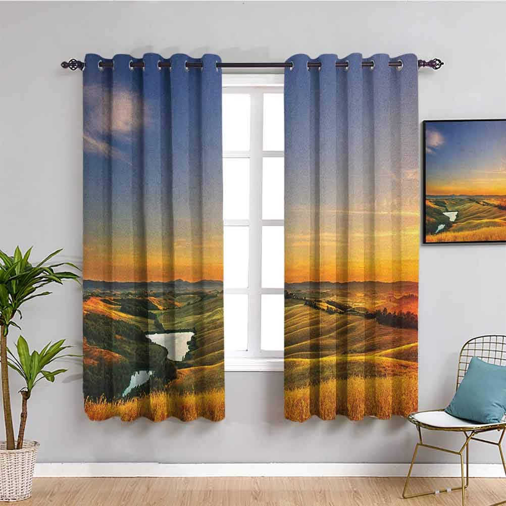 Italian Thermal Insulating Curtains 45 Inch Length - Mediterranean Valley & Lake Scenic Print, Room Darkening Window Drapes in Blue, Yellow & Green (63