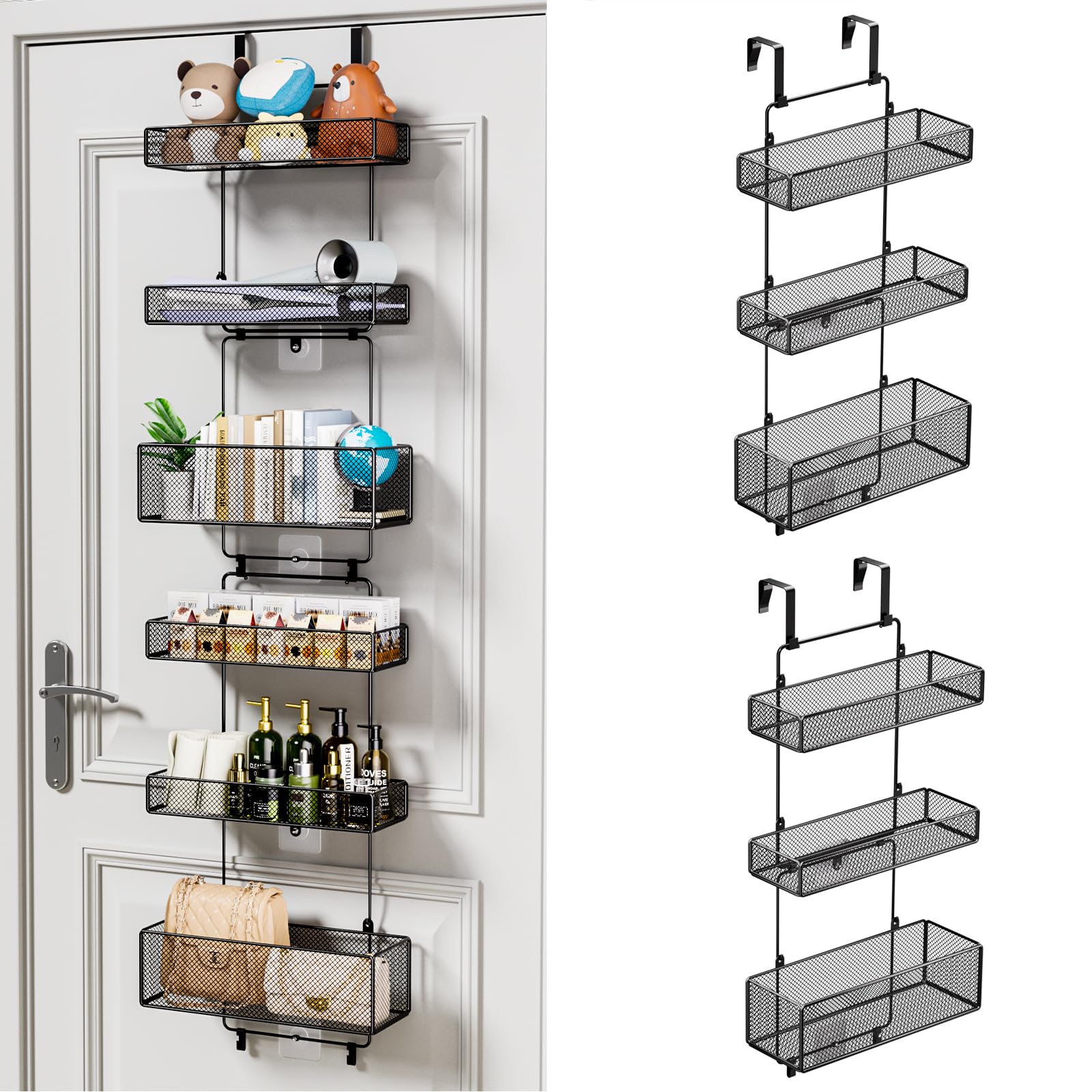 HapiRm Over Door Organizer Storage - 6 Large Metal Baskets Hanging Separable Organizer for Bathroom, Bedroom, Kitchen, Pantry & Closet (Black) - Perfect for Small Space Organization, Home Decor & Gift Ideas