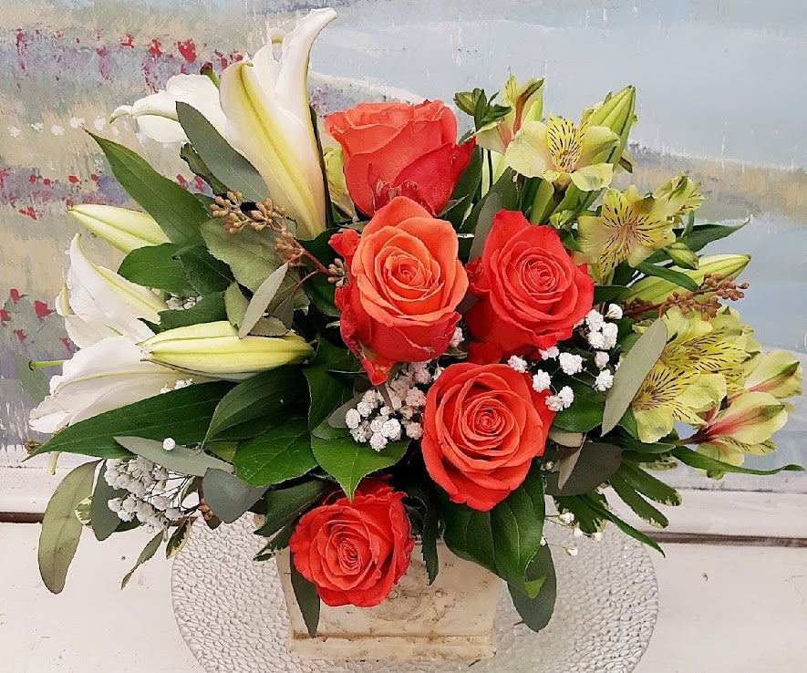 2019 Spring Orange Rose Cube Arrangement - Elegant Floral Centerpiece for Weddings, Home Decor & Gift Giving