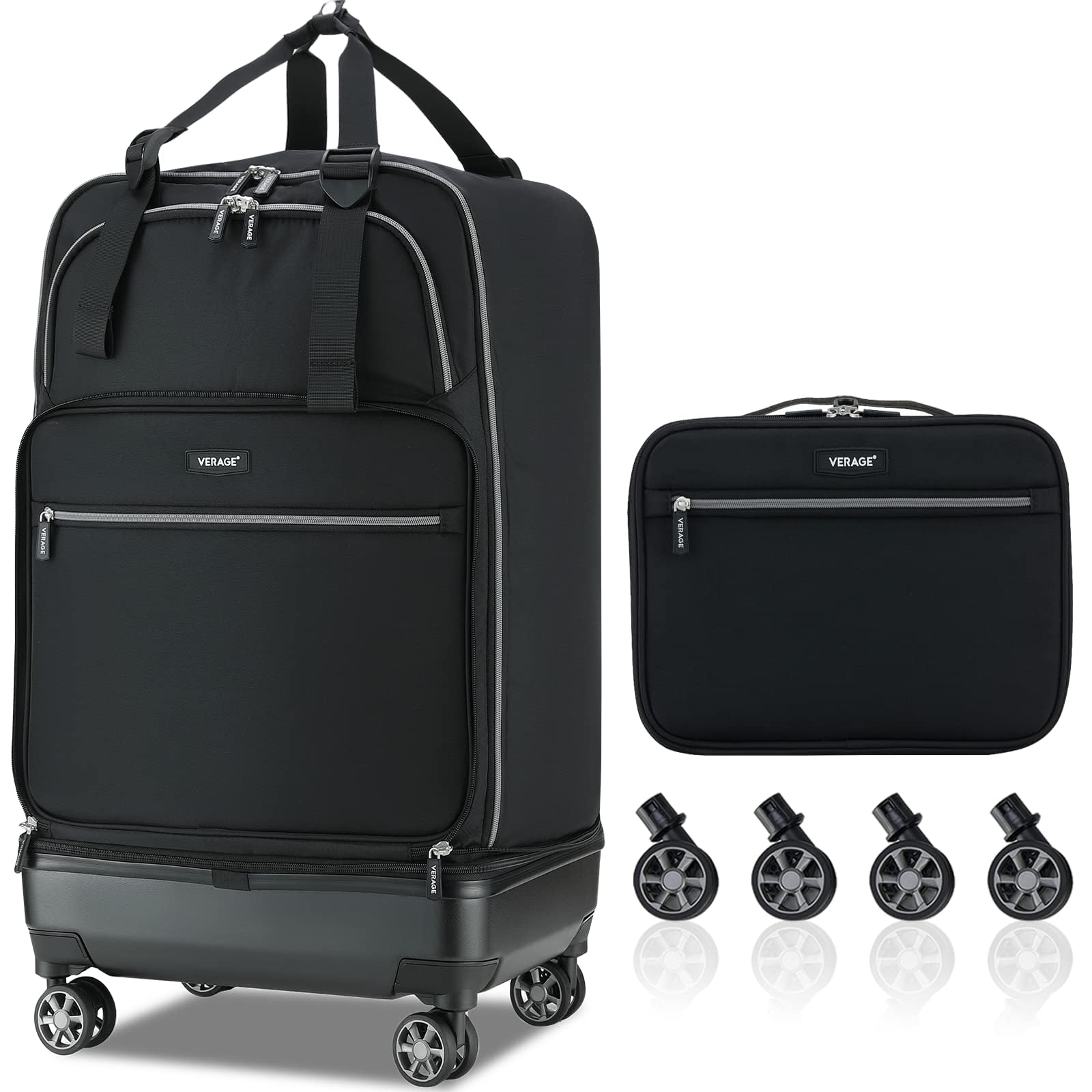 Vercase Expandable 24-Inch to 28-Inch Checked Luggage with Spinner Wheels - Foldable Travel Suitcase for Airplane, Business Trips & Family Vacations (Black, Collapsible Duffel Bag Design)
